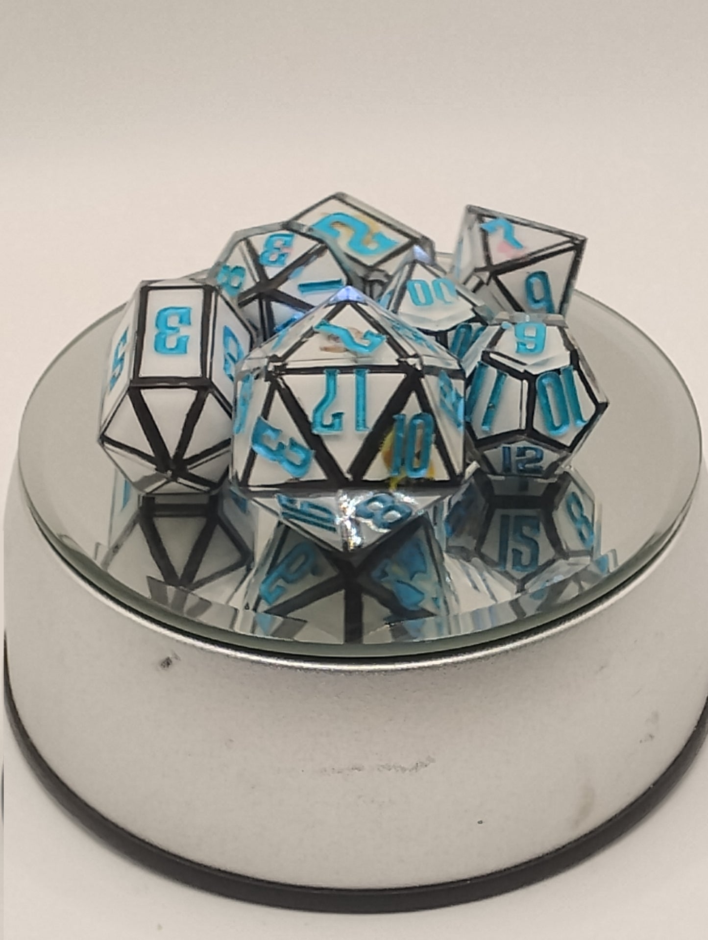 Derpy Cat Meme Handmade DnD Dice | White Resin Dice with Black Edges & Blue Ink | Fantasy TTRPG Dice Set