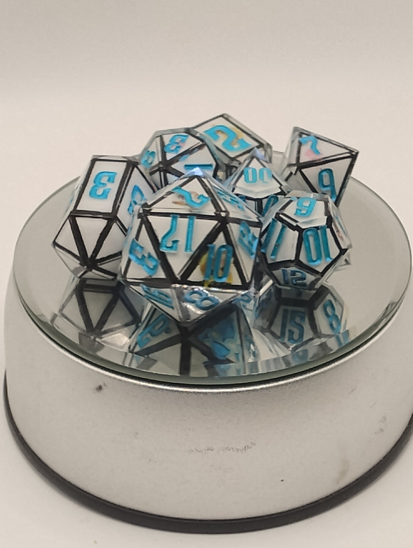 Derpy Cat Meme Handmade DnD Dice | White Resin Dice with Black Edges & Blue Ink | Fantasy TTRPG Dice Set