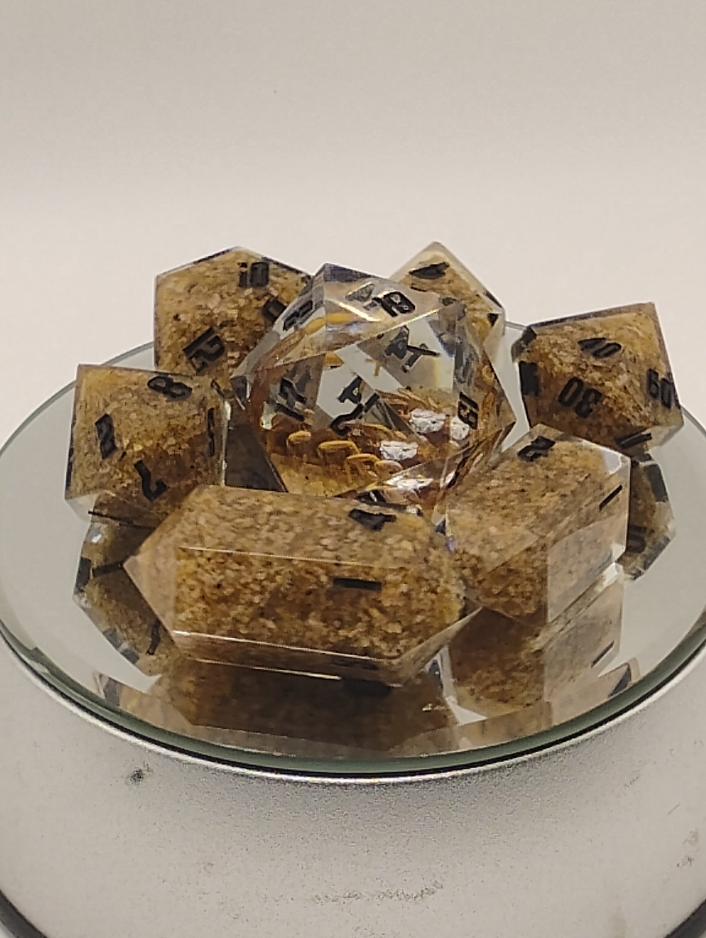 Scorpion Sands Handmade DnD Dice | Clear Resin Dice with Real Scorpions & Desert Sand | Black Ink TTRPG Dice Set