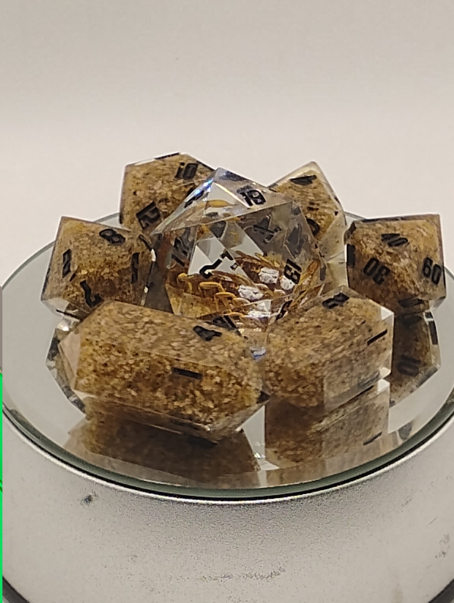Scorpion Sands Handmade DnD Dice | Clear Resin Dice with Real Scorpions & Desert Sand | Black Ink TTRPG Dice Set