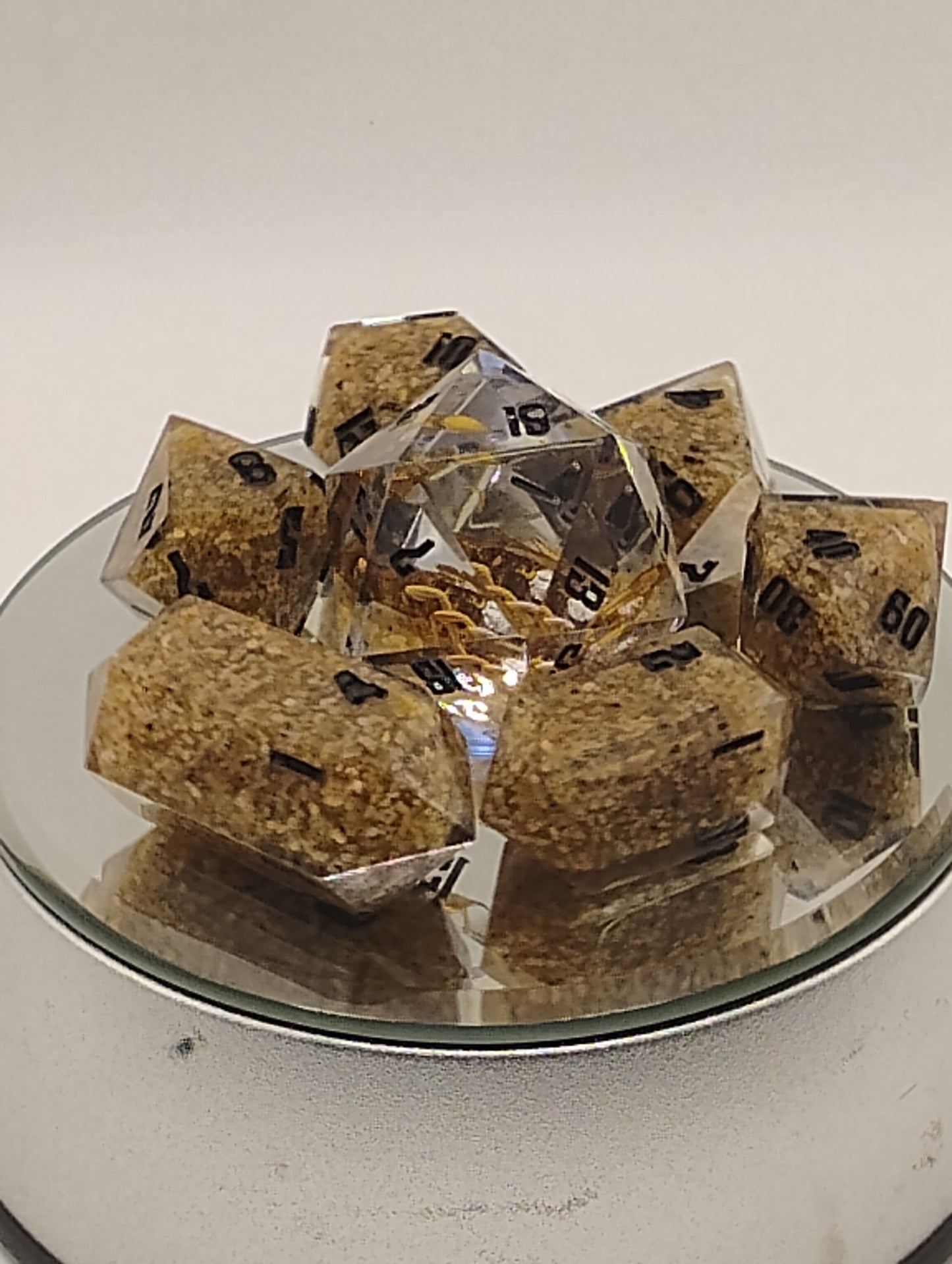 Scorpion Sands Handmade DnD Dice | Clear Resin Dice with Real Scorpions & Desert Sand | Black Ink TTRPG Dice Set
