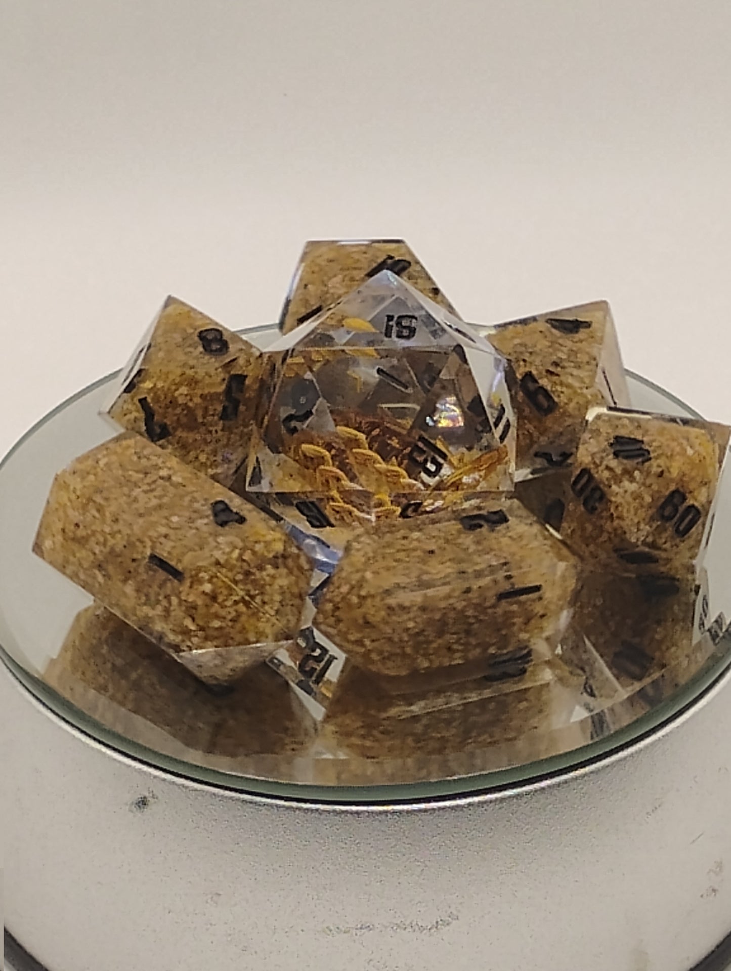 Scorpion Sands Handmade DnD Dice | Clear Resin Dice with Real Scorpions & Desert Sand | Black Ink TTRPG Dice Set