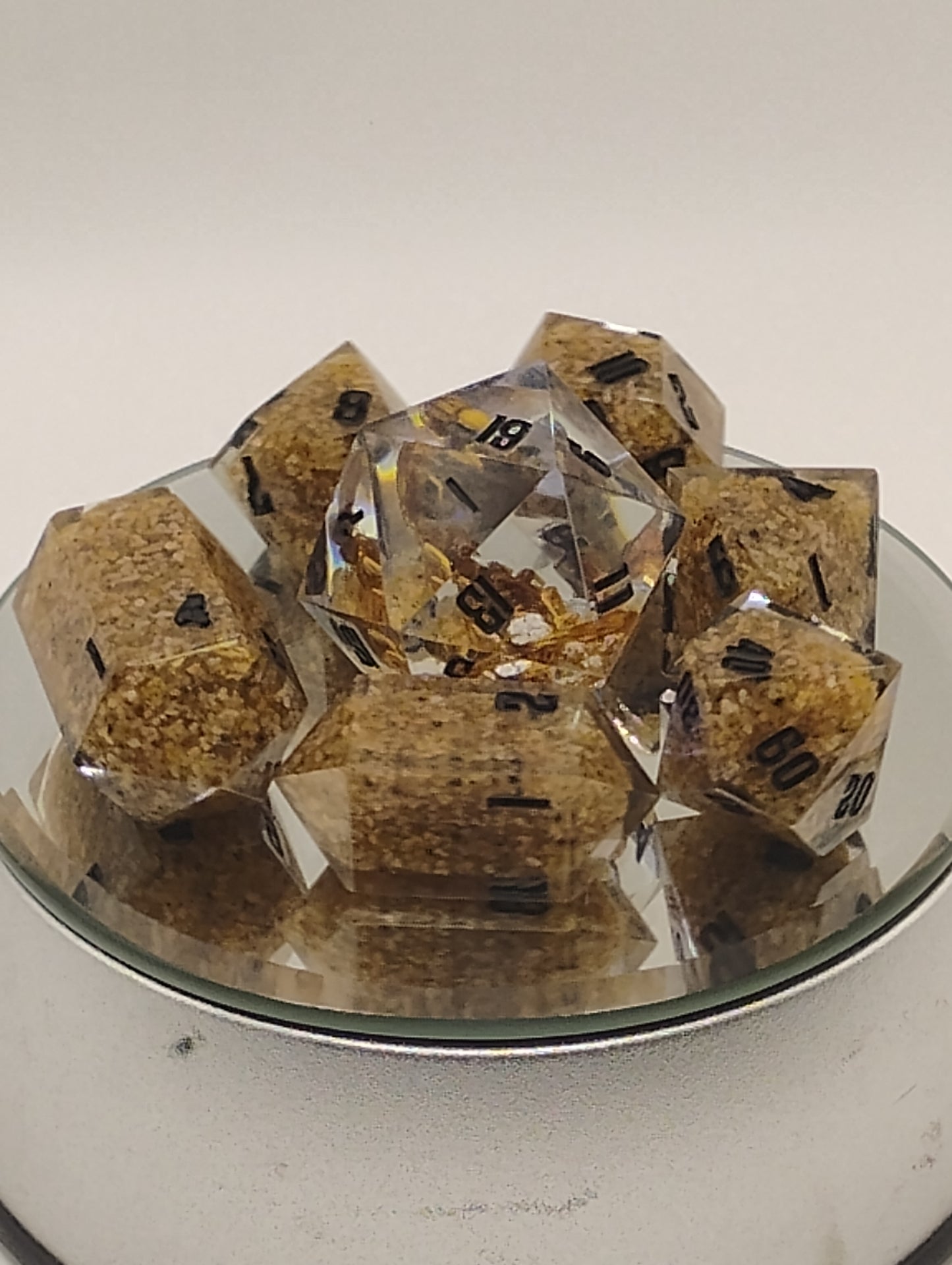 Scorpion Sands Handmade DnD Dice | Clear Resin Dice with Real Scorpions & Desert Sand | Black Ink TTRPG Dice Set