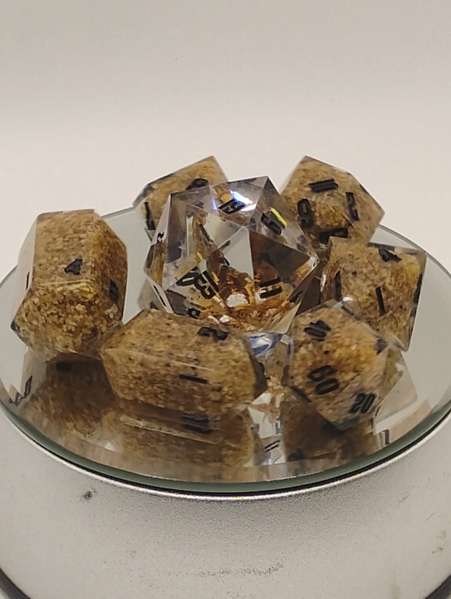 Scorpion Sands Handmade DnD Dice | Clear Resin Dice with Real Scorpions & Desert Sand | Black Ink TTRPG Dice Set