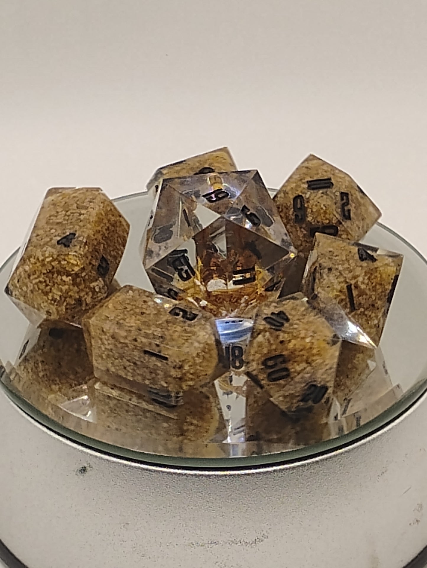 Scorpion Sands Handmade DnD Dice | Clear Resin Dice with Real Scorpions & Desert Sand | Black Ink TTRPG Dice Set