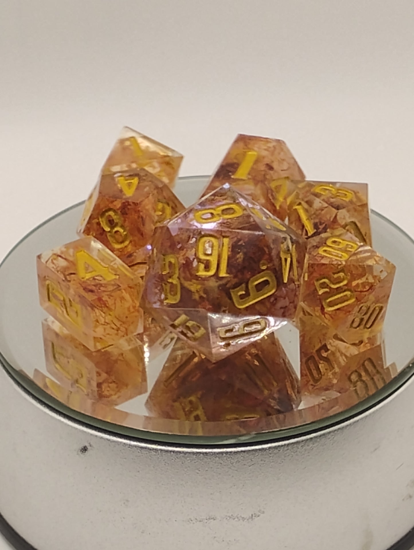 Golden Saffron Tea Handmade DnD Dice | Clear Resin Dice with Saffron Tea Leaves & Gold Ink | Fantasy TTRPG Dice Set