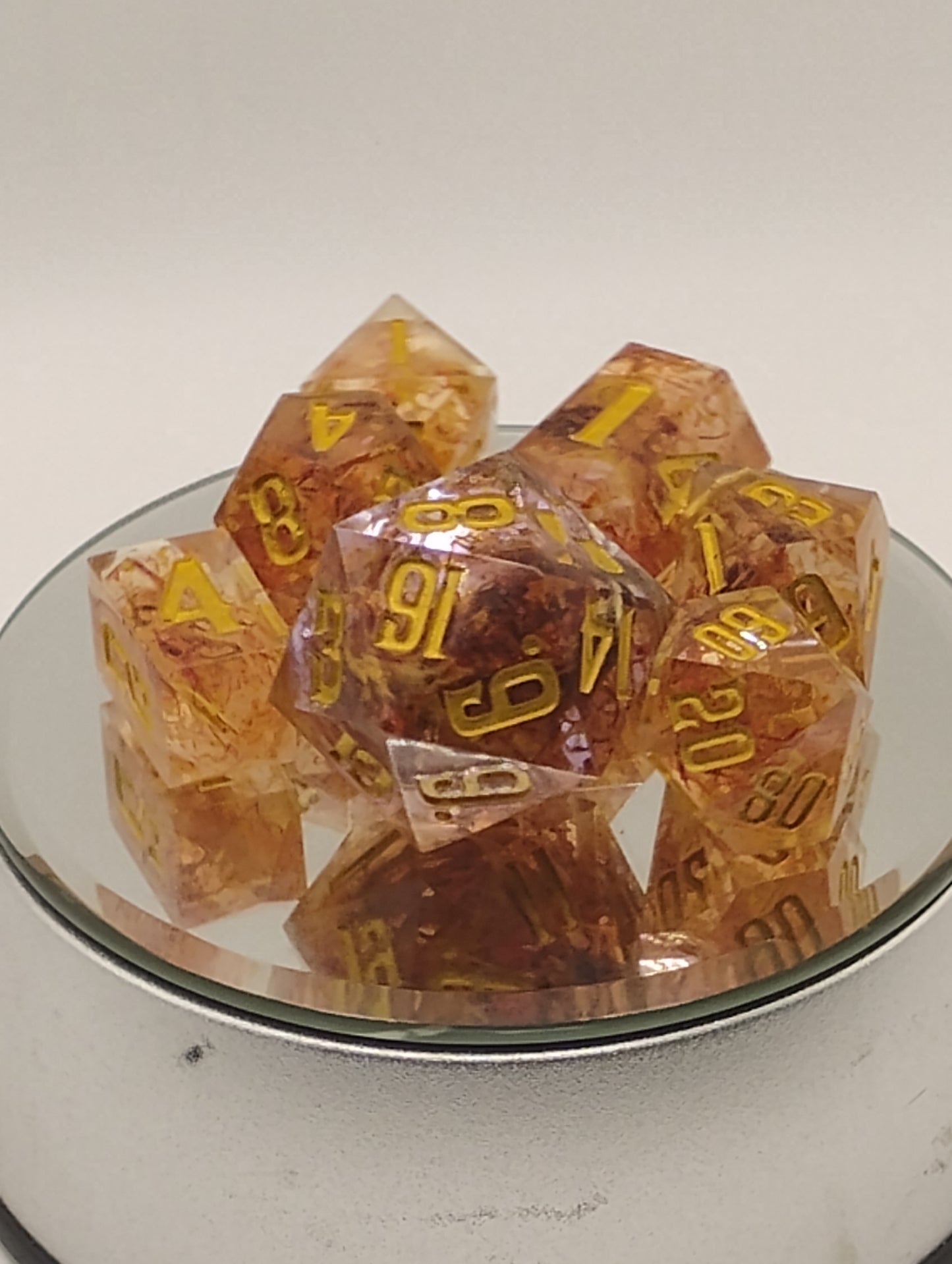 Golden Saffron Tea Handmade DnD Dice | Clear Resin Dice with Saffron Tea Leaves & Gold Ink | Fantasy TTRPG Dice Set