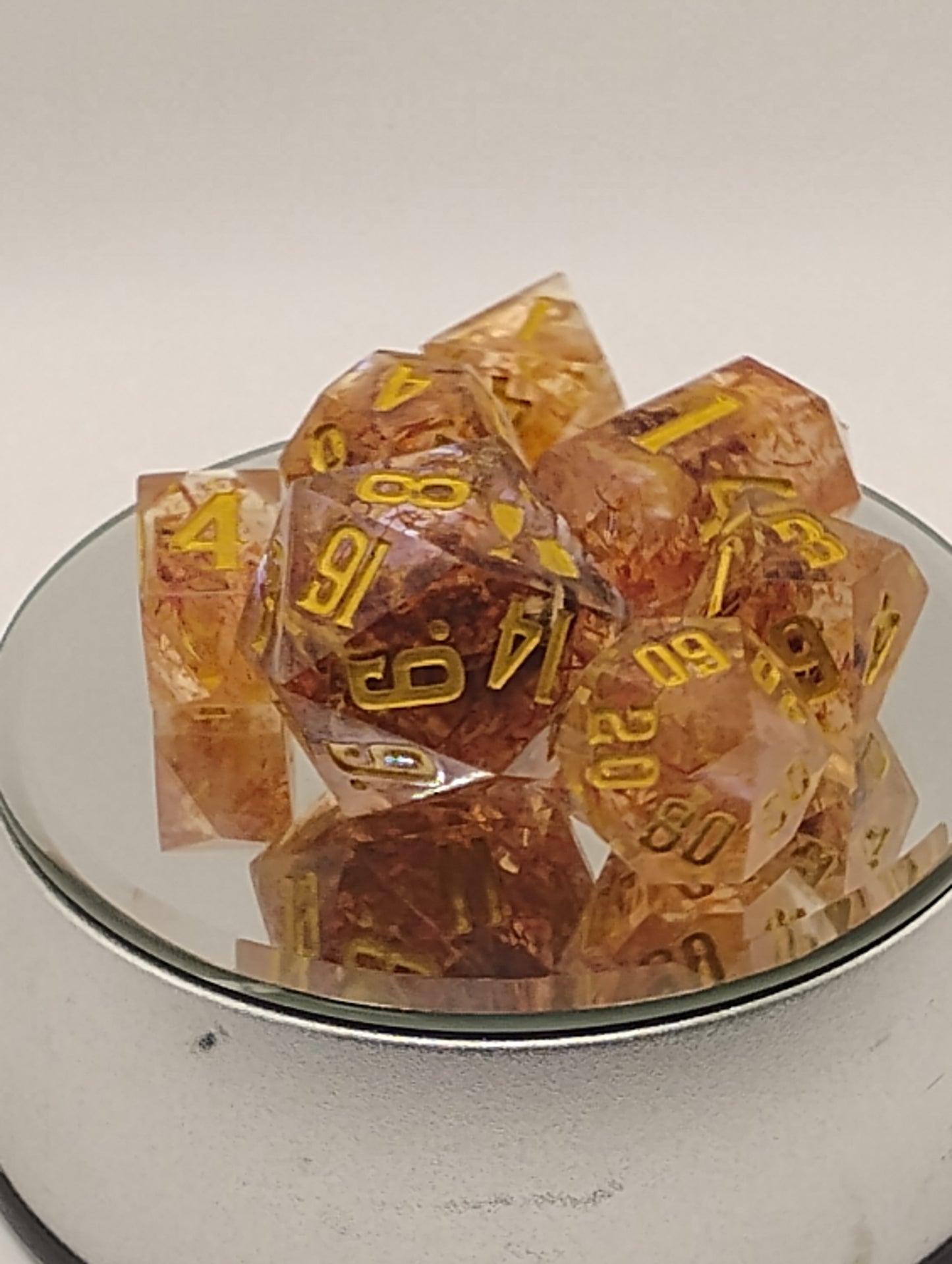 Golden Saffron Tea Handmade DnD Dice | Clear Resin Dice with Saffron Tea Leaves & Gold Ink | Fantasy TTRPG Dice Set