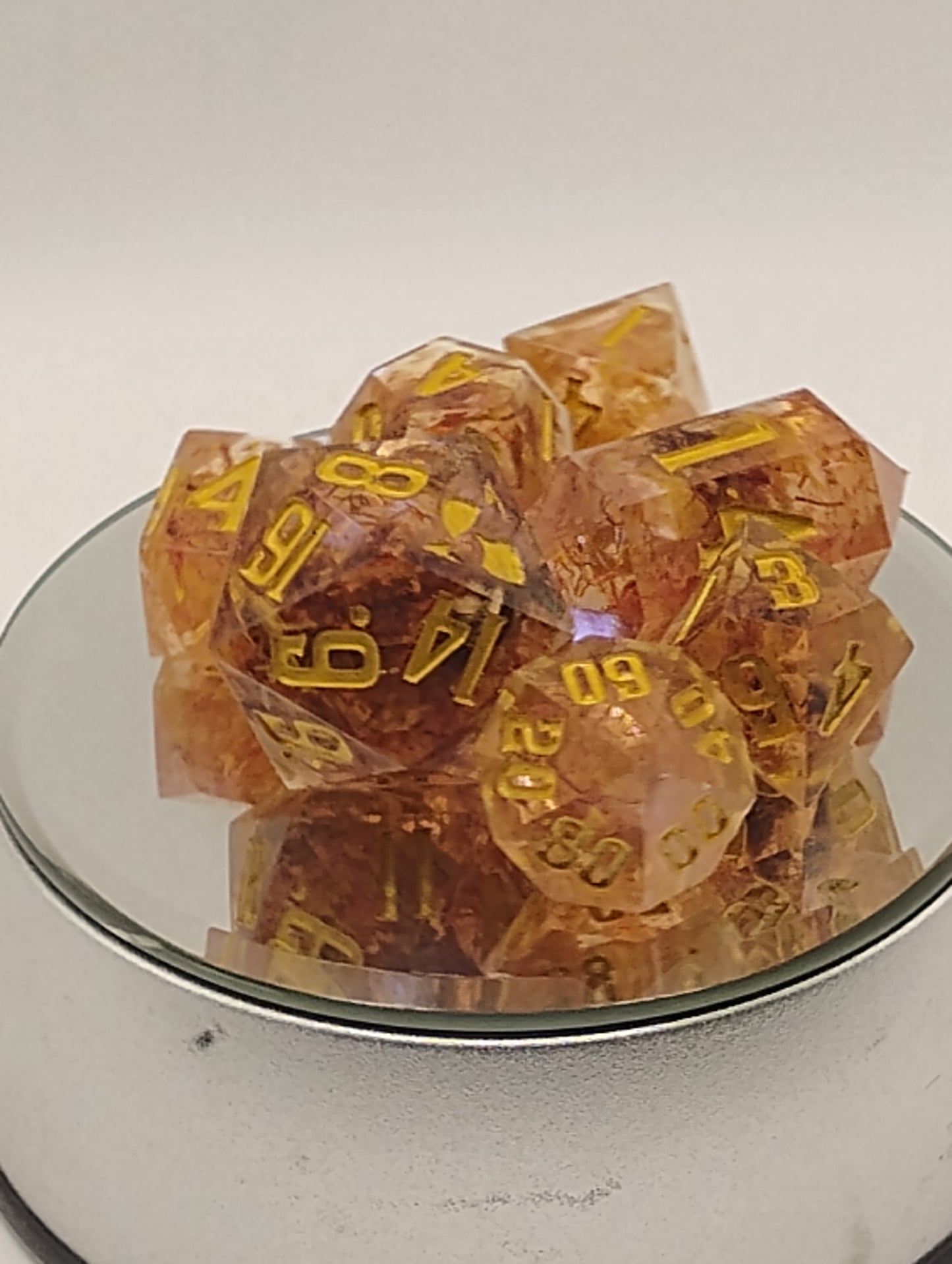 Golden Saffron Tea Handmade DnD Dice | Clear Resin Dice with Saffron Tea Leaves & Gold Ink | Fantasy TTRPG Dice Set