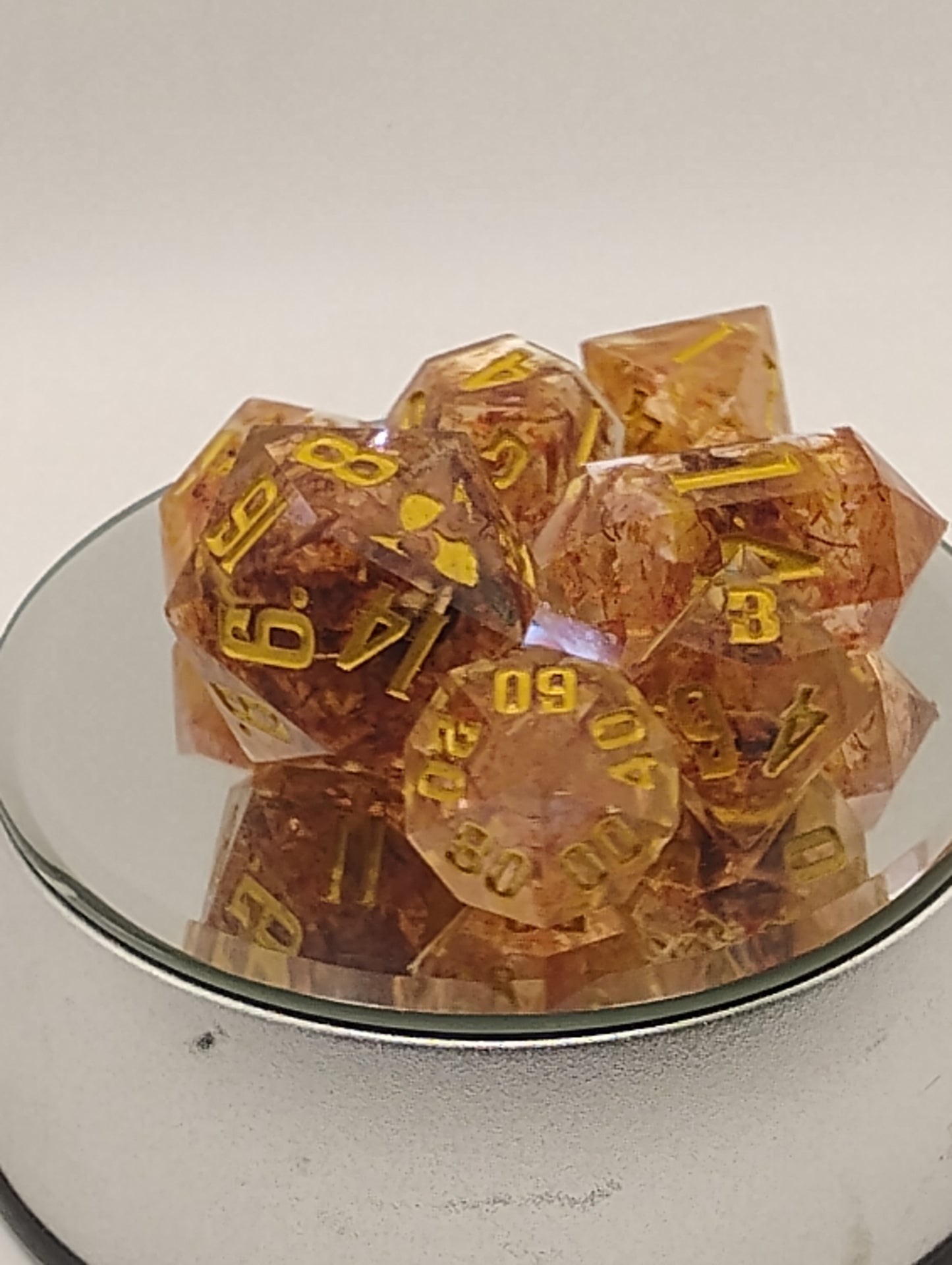 Golden Saffron Tea Handmade DnD Dice | Clear Resin Dice with Saffron Tea Leaves & Gold Ink | Fantasy TTRPG Dice Set
