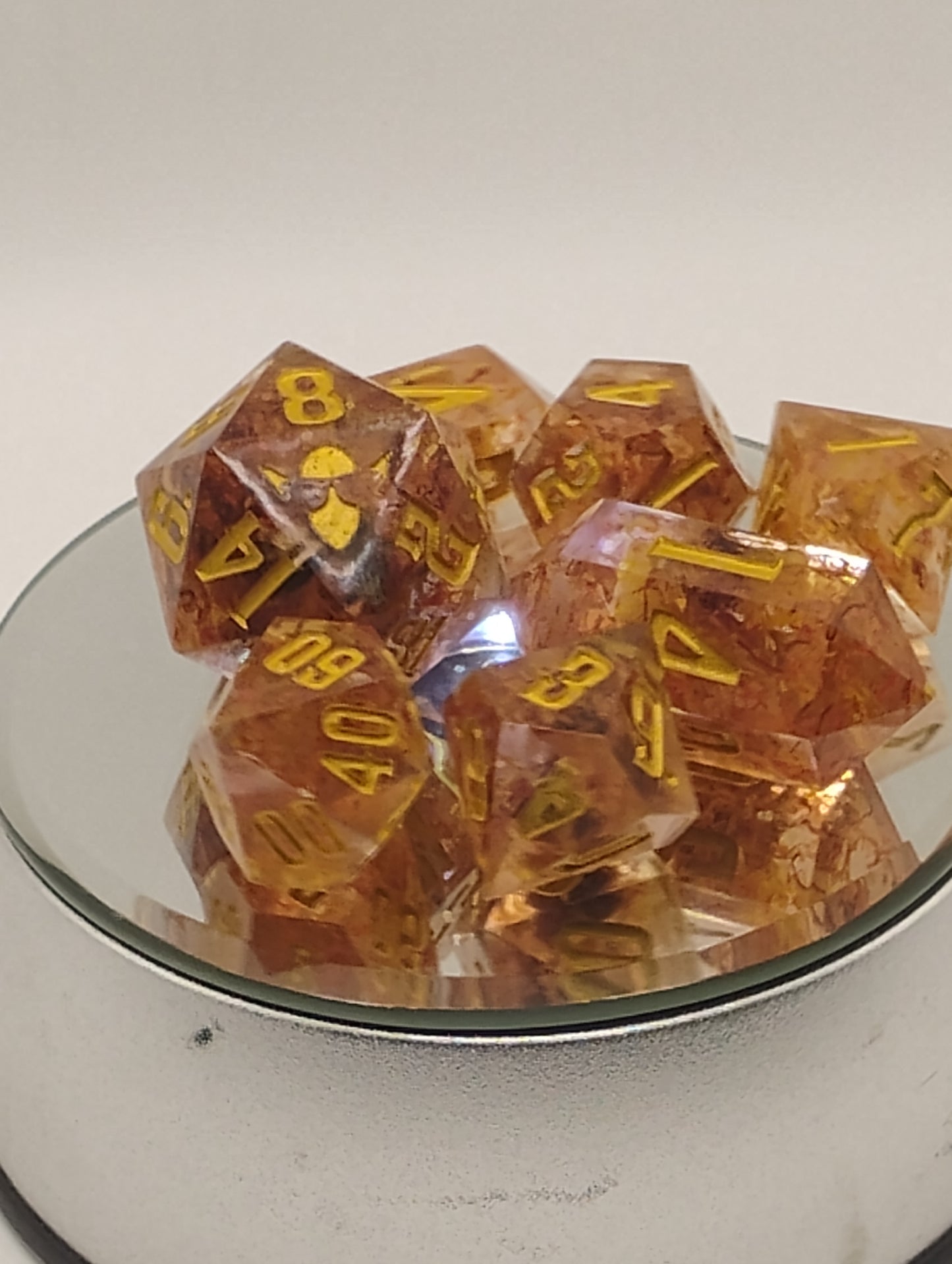 Golden Saffron Tea Handmade DnD Dice | Clear Resin Dice with Saffron Tea Leaves & Gold Ink | Fantasy TTRPG Dice Set