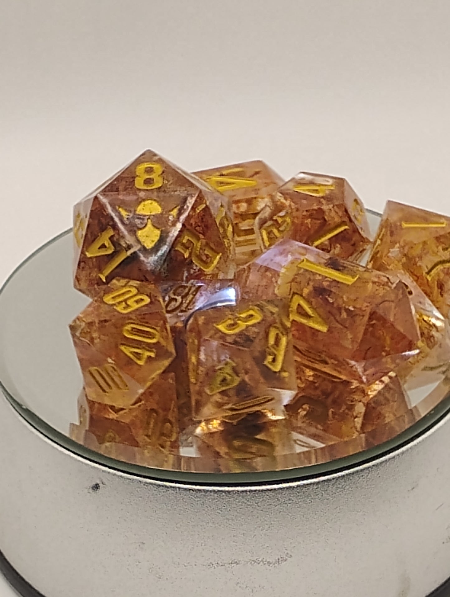 Golden Saffron Tea Handmade DnD Dice | Clear Resin Dice with Saffron Tea Leaves & Gold Ink | Fantasy TTRPG Dice Set