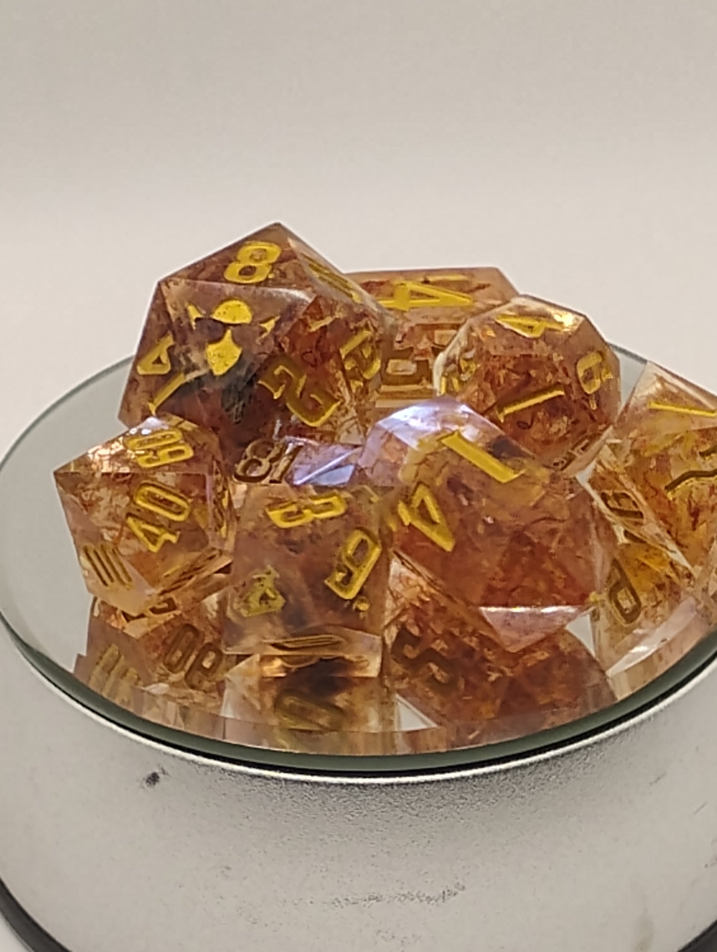 Golden Saffron Tea Handmade DnD Dice | Clear Resin Dice with Saffron Tea Leaves & Gold Ink | Fantasy TTRPG Dice Set