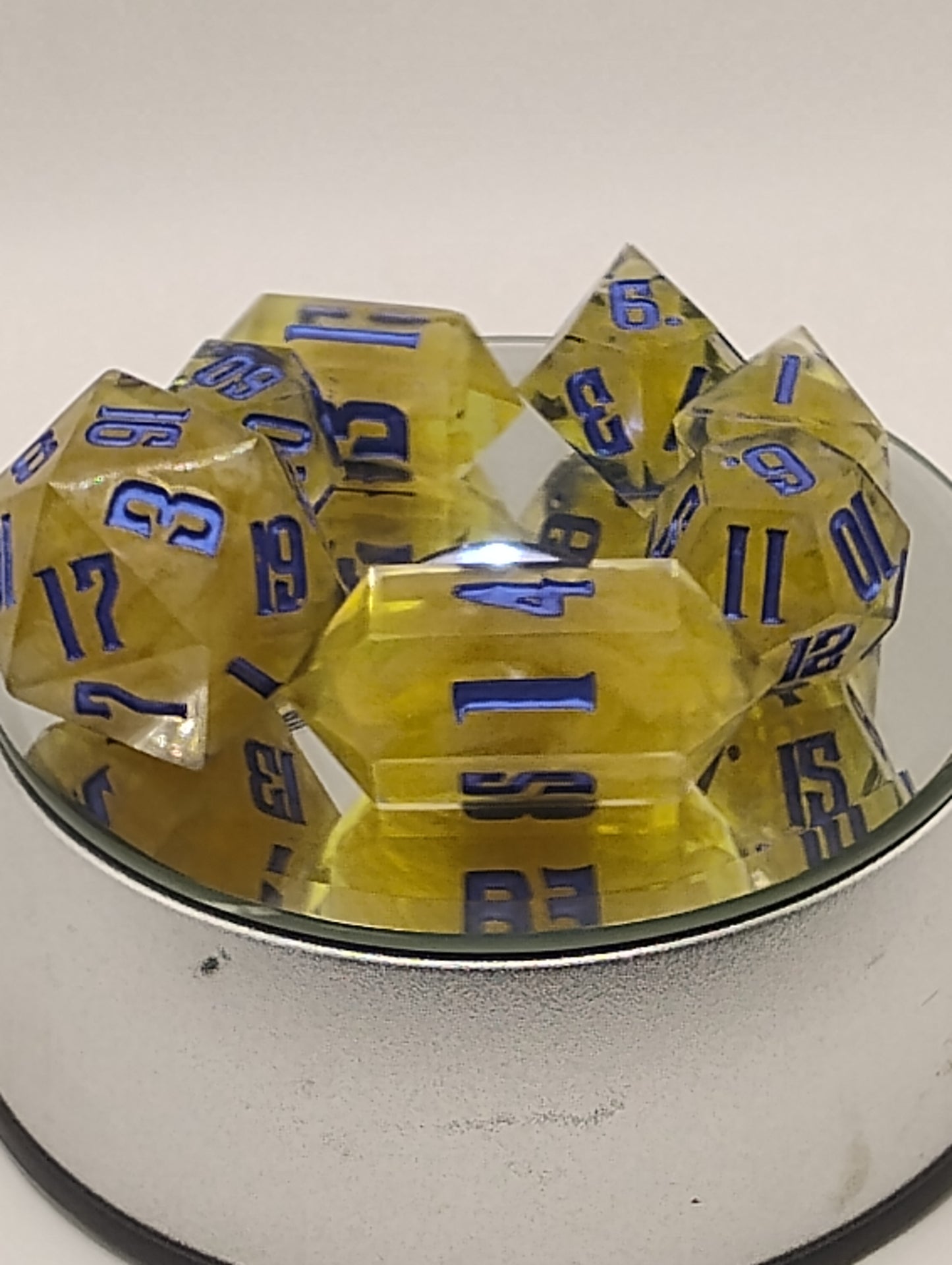 Kraft Mac & Cheese Handmade DnD Dice | Clear Resin Dice with Kraft Macaroni & Blue Ink | Whimsical Fantasy TTRPG Dice Set