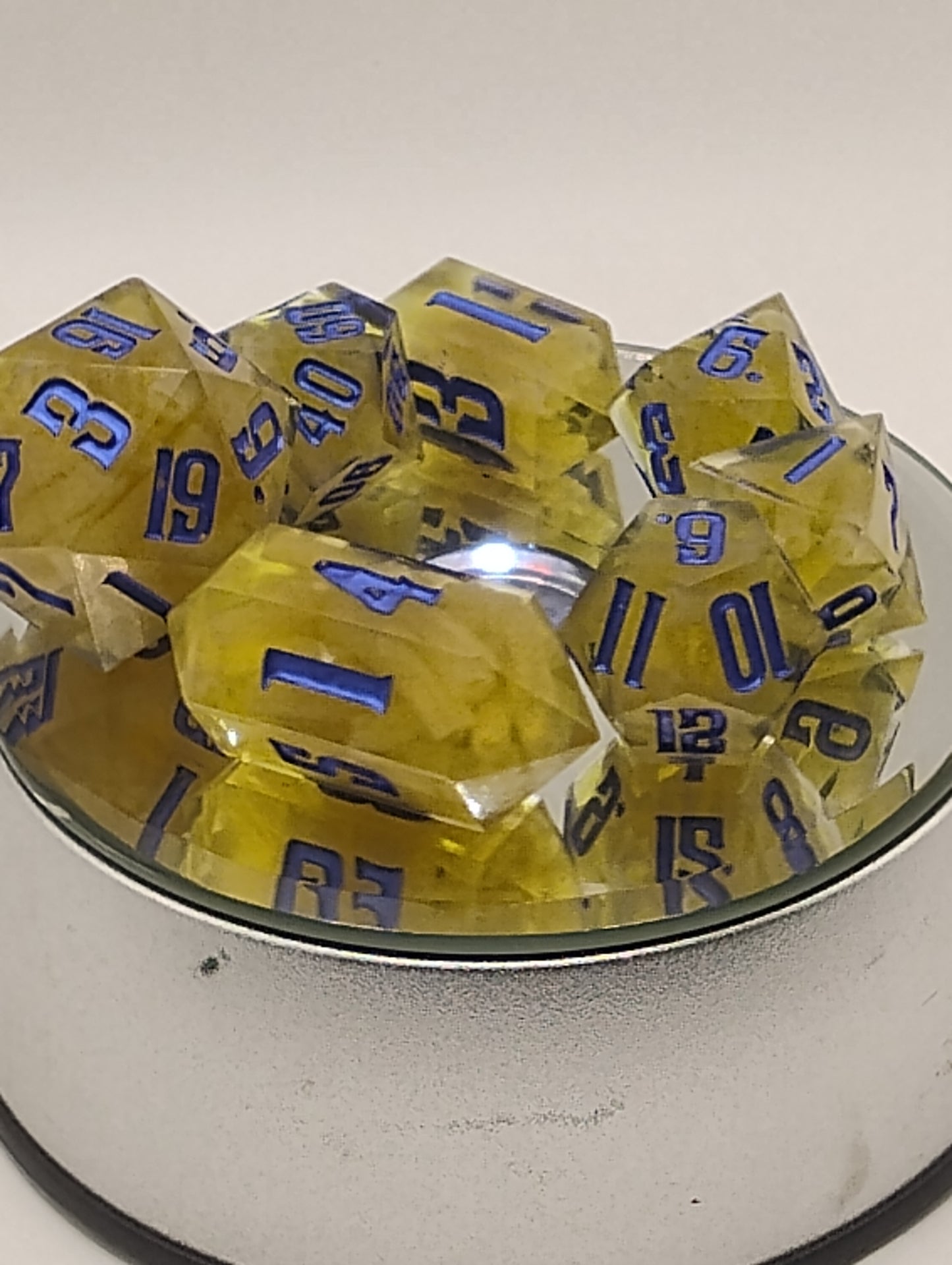 Kraft Mac & Cheese Handmade DnD Dice | Clear Resin Dice with Kraft Macaroni & Blue Ink | Whimsical Fantasy TTRPG Dice Set