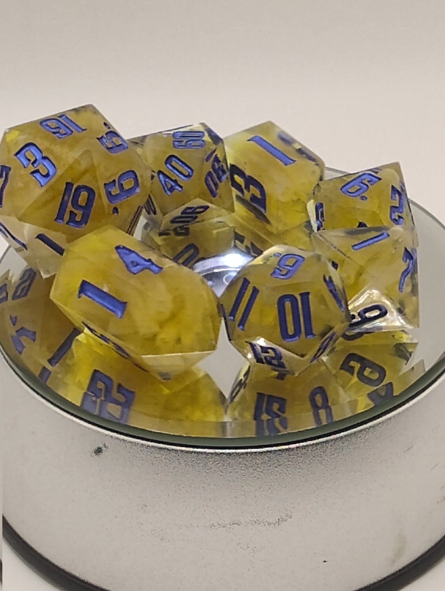 Kraft Mac & Cheese Handmade DnD Dice | Clear Resin Dice with Kraft Macaroni & Blue Ink | Whimsical Fantasy TTRPG Dice Set