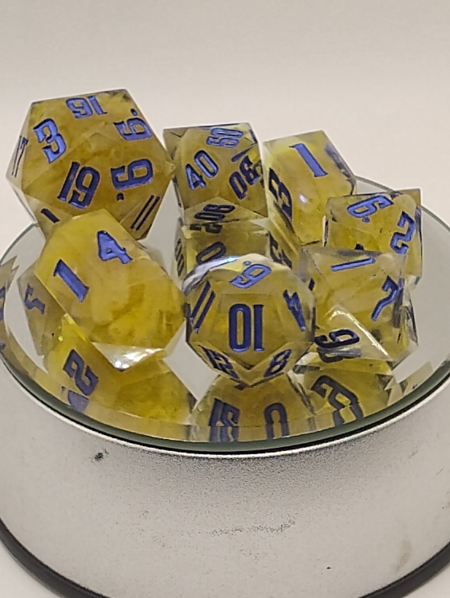 Kraft Mac & Cheese Handmade DnD Dice | Clear Resin Dice with Kraft Macaroni & Blue Ink | Whimsical Fantasy TTRPG Dice Set