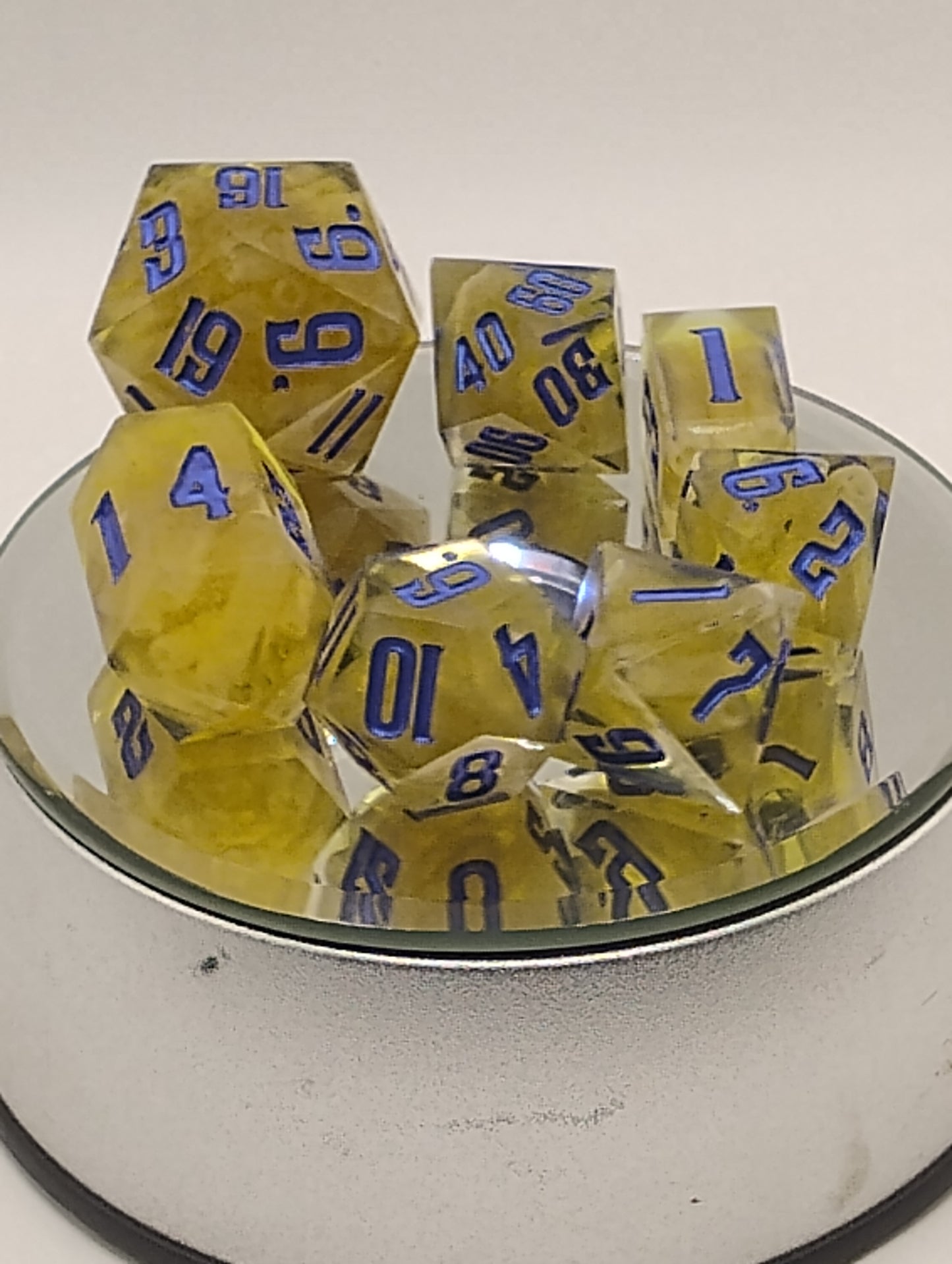 Kraft Mac & Cheese Handmade DnD Dice | Clear Resin Dice with Kraft Macaroni & Blue Ink | Whimsical Fantasy TTRPG Dice Set