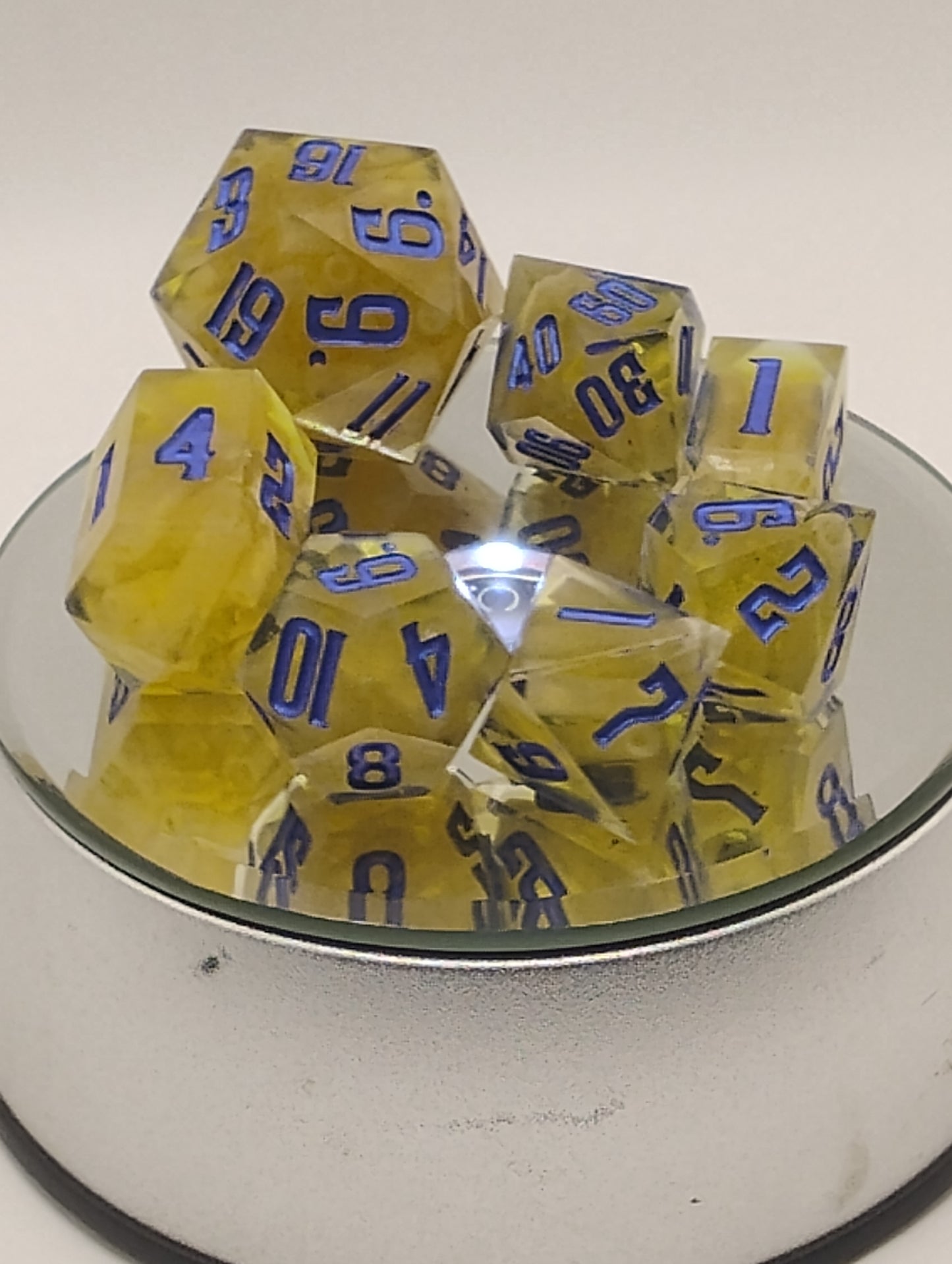 Kraft Mac & Cheese Handmade DnD Dice | Clear Resin Dice with Kraft Macaroni & Blue Ink | Whimsical Fantasy TTRPG Dice Set