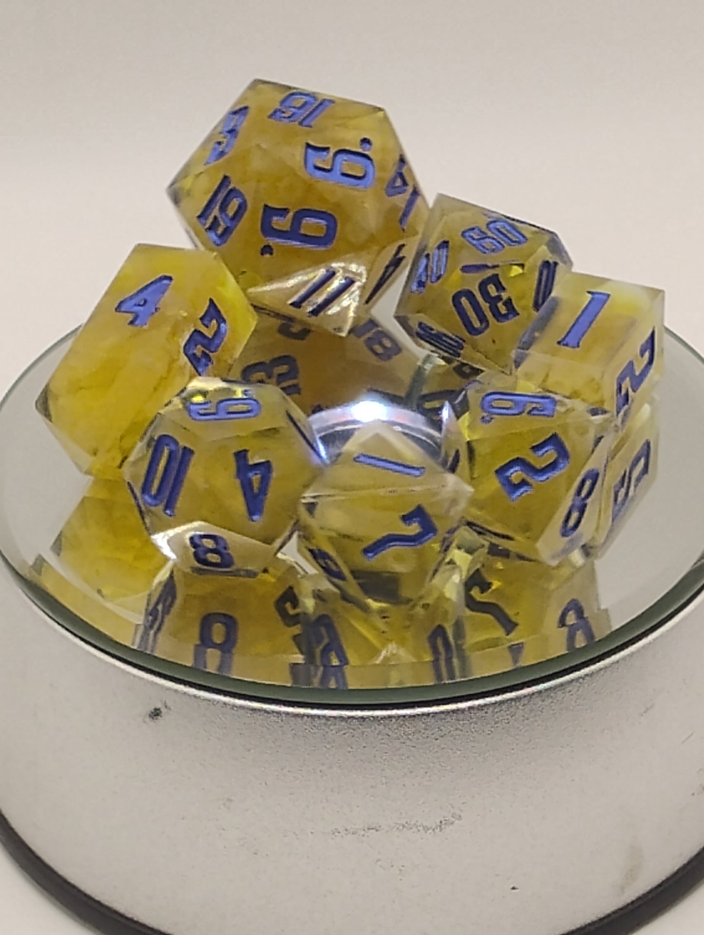 Kraft Mac & Cheese Handmade DnD Dice | Clear Resin Dice with Kraft Macaroni & Blue Ink | Whimsical Fantasy TTRPG Dice Set