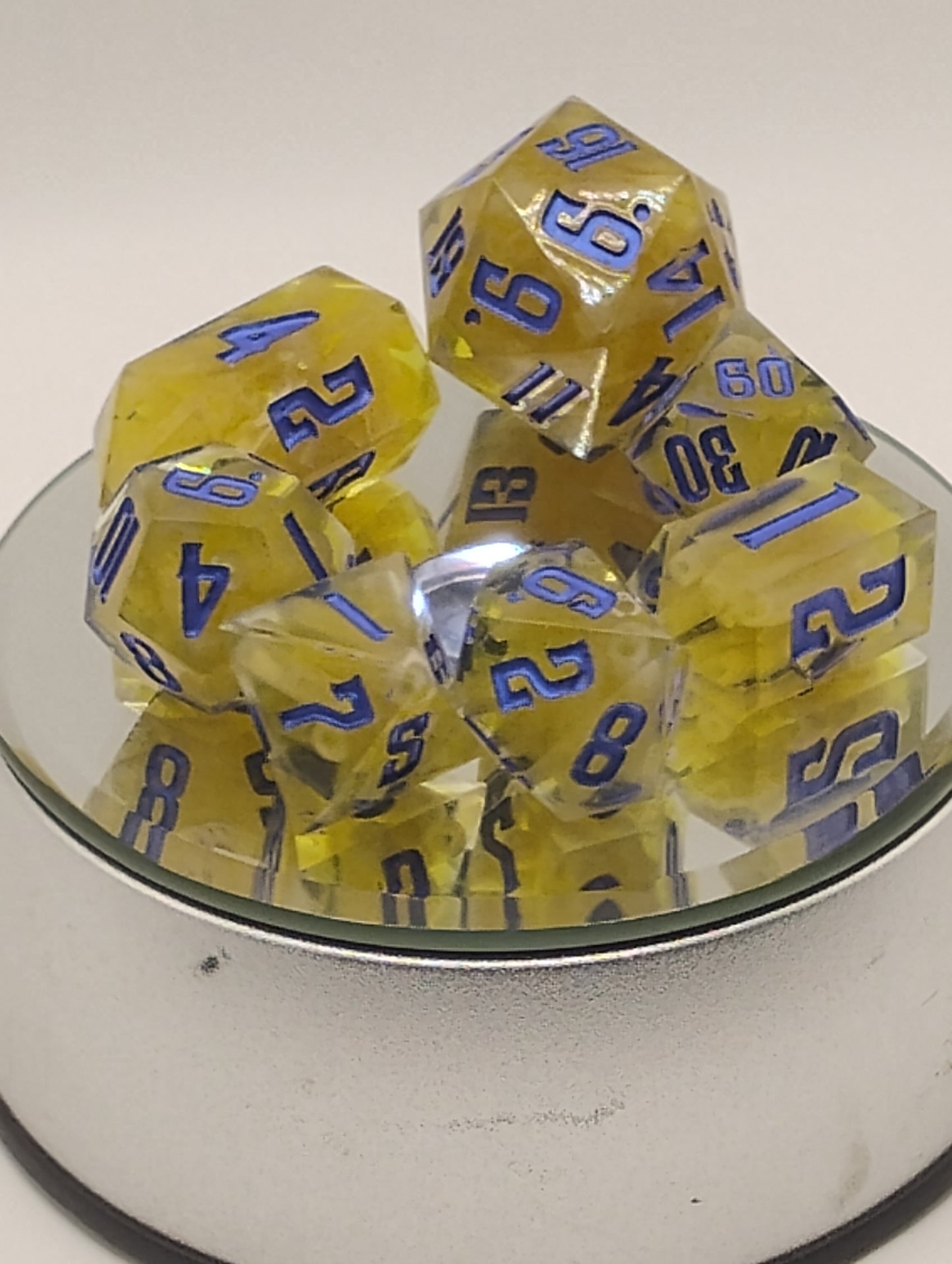 Kraft Mac & Cheese Handmade DnD Dice | Clear Resin Dice with Kraft Macaroni & Blue Ink | Whimsical Fantasy TTRPG Dice Set