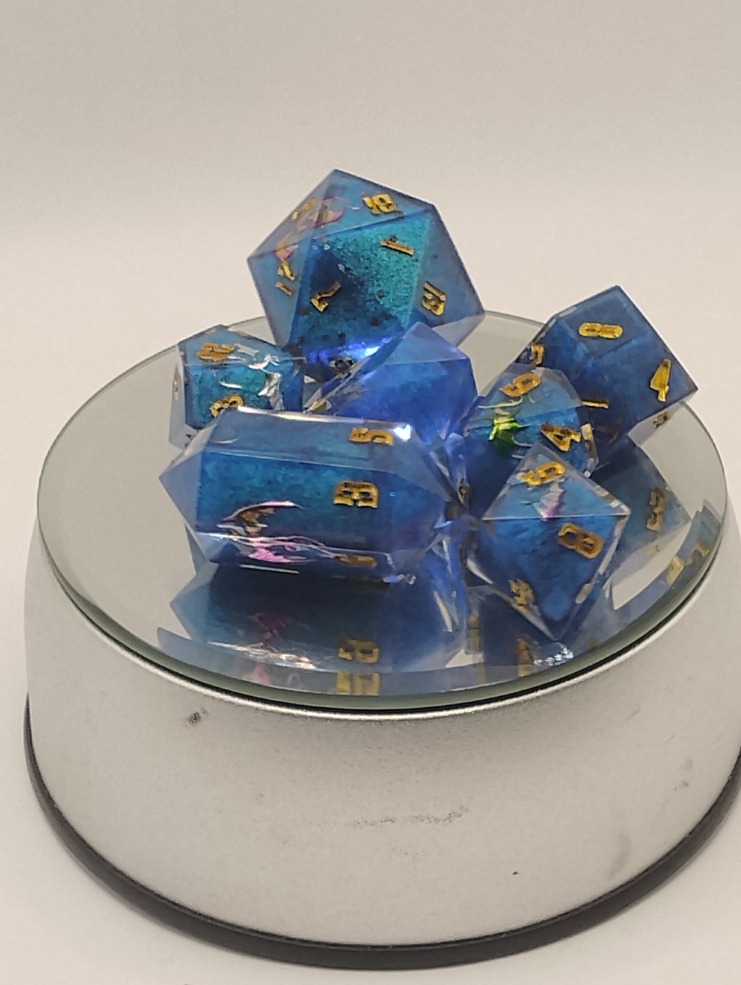 Dancing Dragons Handmade DnD Dice | Blue Resin Dice with Gold & Silver Dragons | Gold Ink Fantasy TTRPG Dice Set