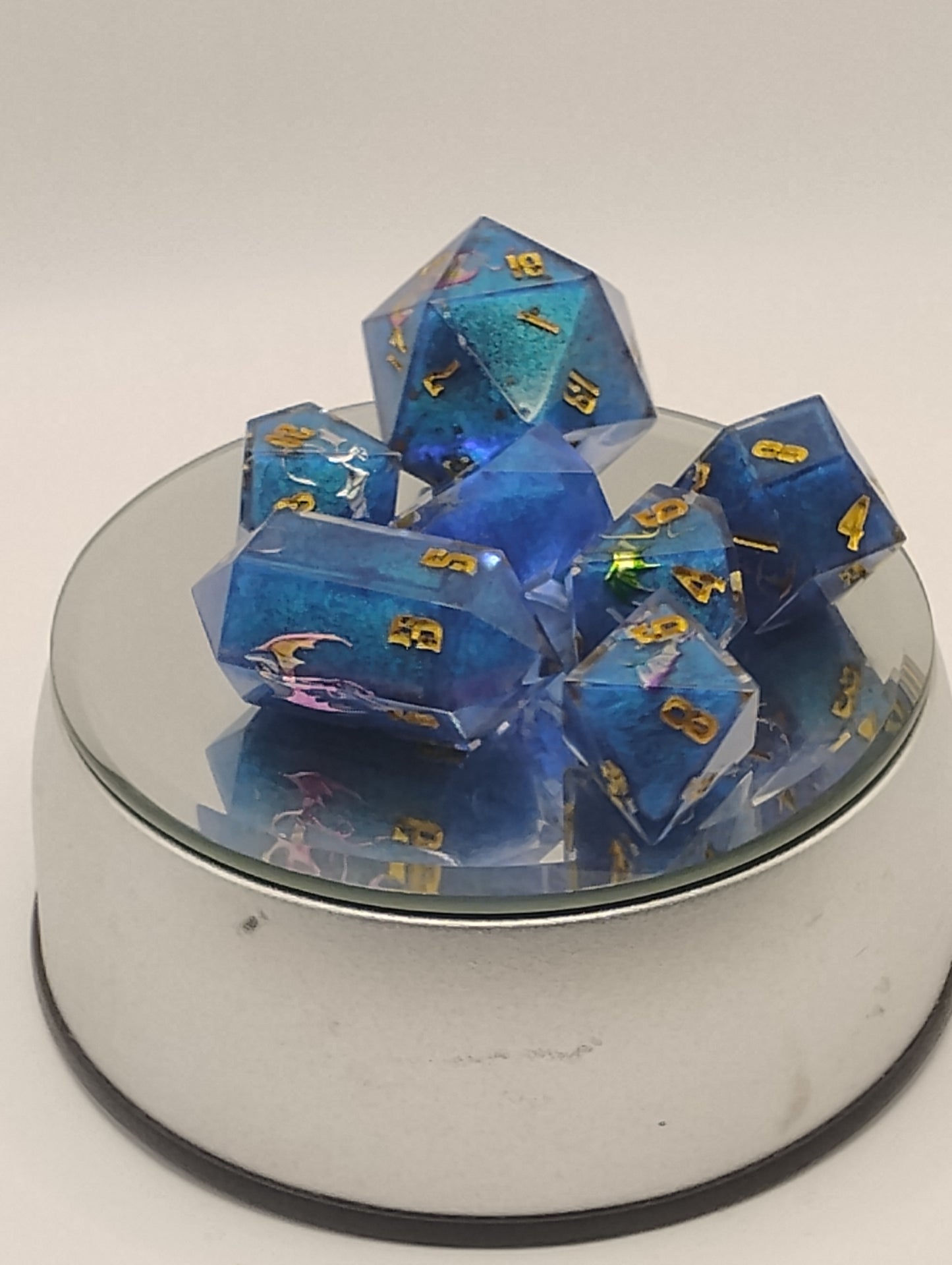 Dancing Dragons Handmade DnD Dice | Blue Resin Dice with Gold & Silver Dragons | Gold Ink Fantasy TTRPG Dice Set