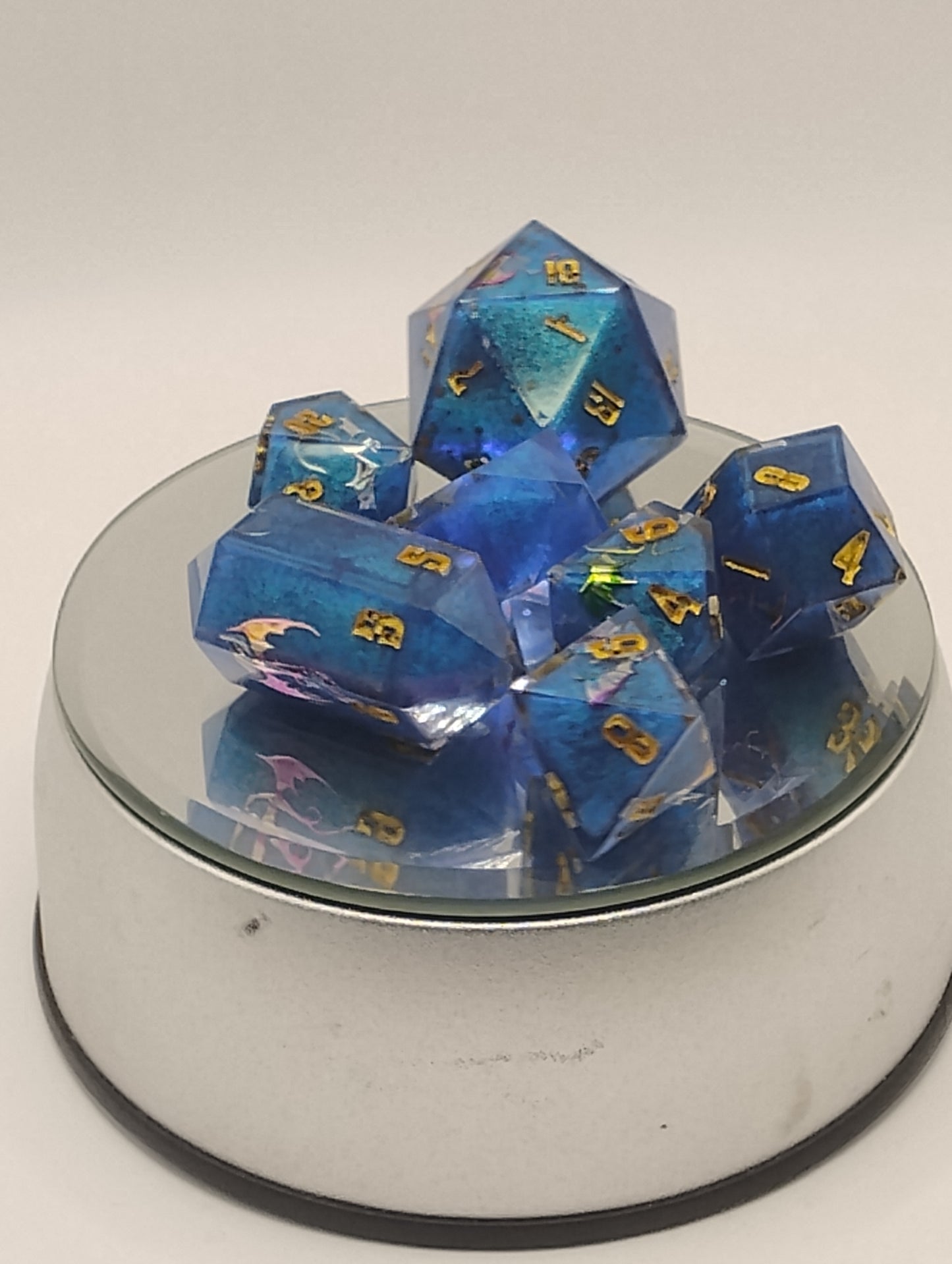 Dancing Dragons Handmade DnD Dice | Blue Resin Dice with Gold & Silver Dragons | Gold Ink Fantasy TTRPG Dice Set