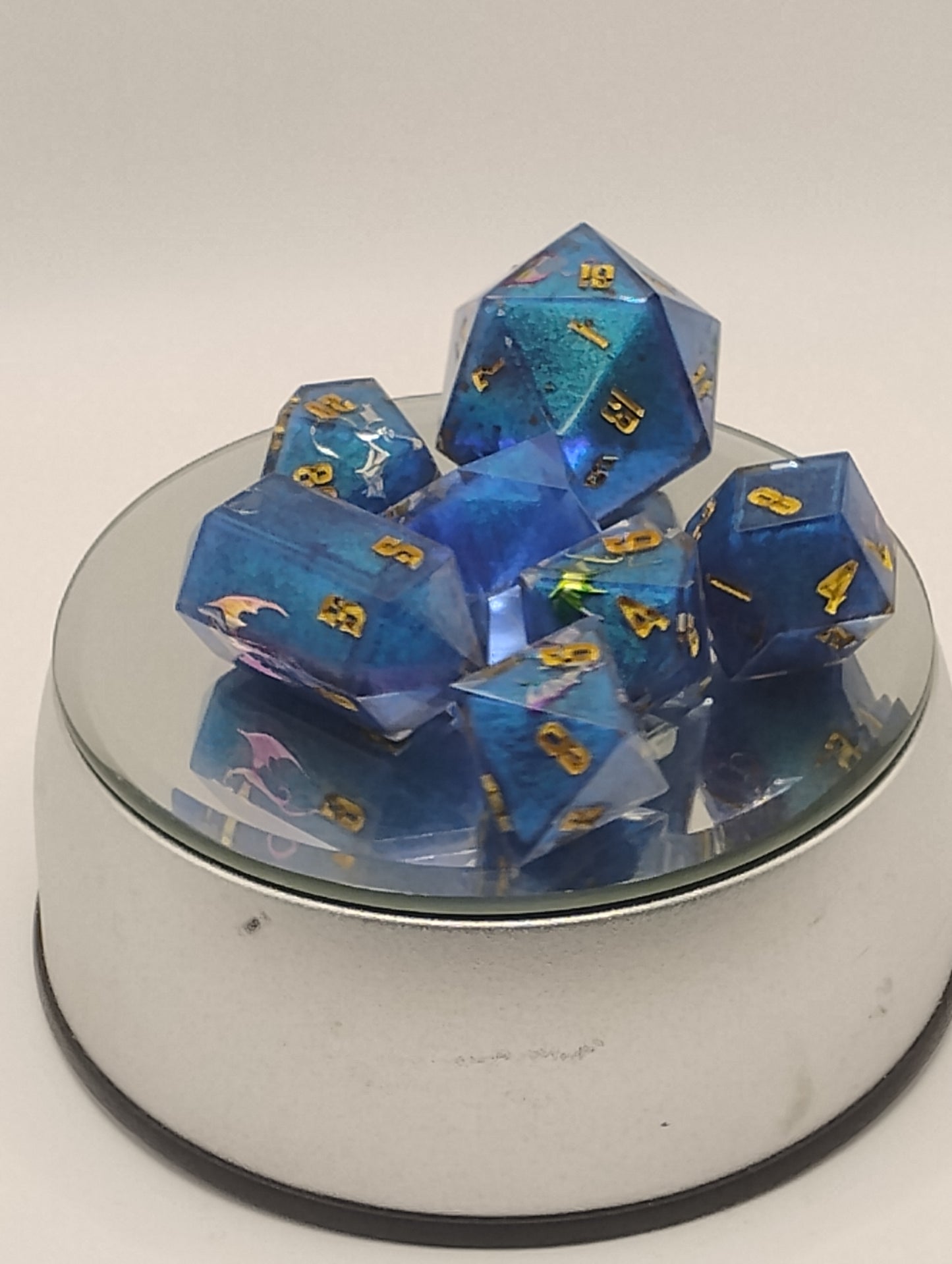Dancing Dragons Handmade DnD Dice | Blue Resin Dice with Gold & Silver Dragons | Gold Ink Fantasy TTRPG Dice Set