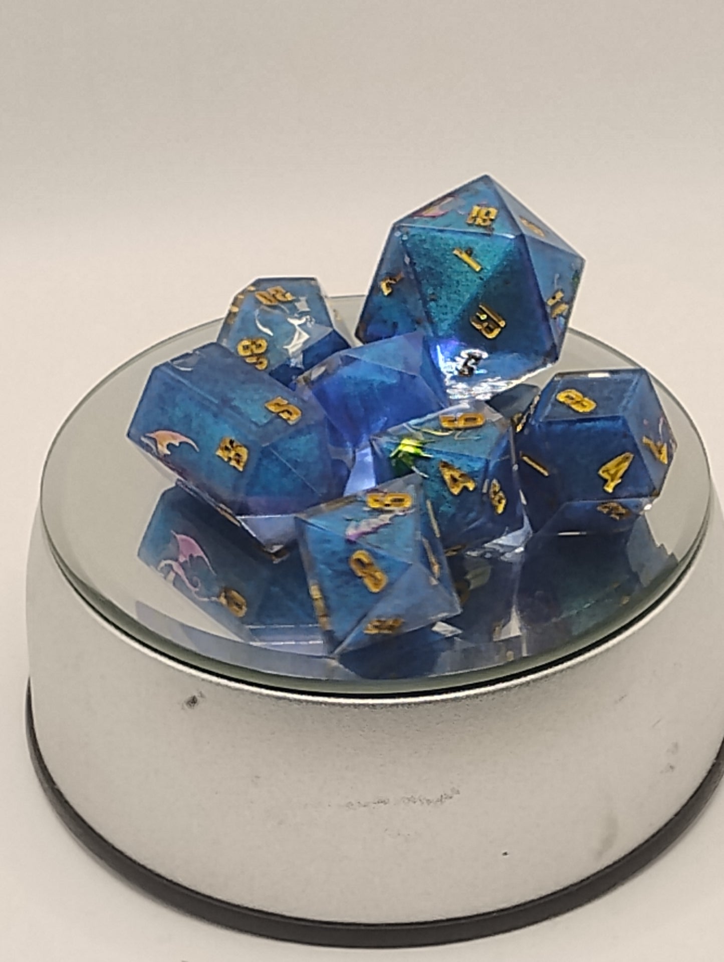 Dancing Dragons Handmade DnD Dice | Blue Resin Dice with Gold & Silver Dragons | Gold Ink Fantasy TTRPG Dice Set