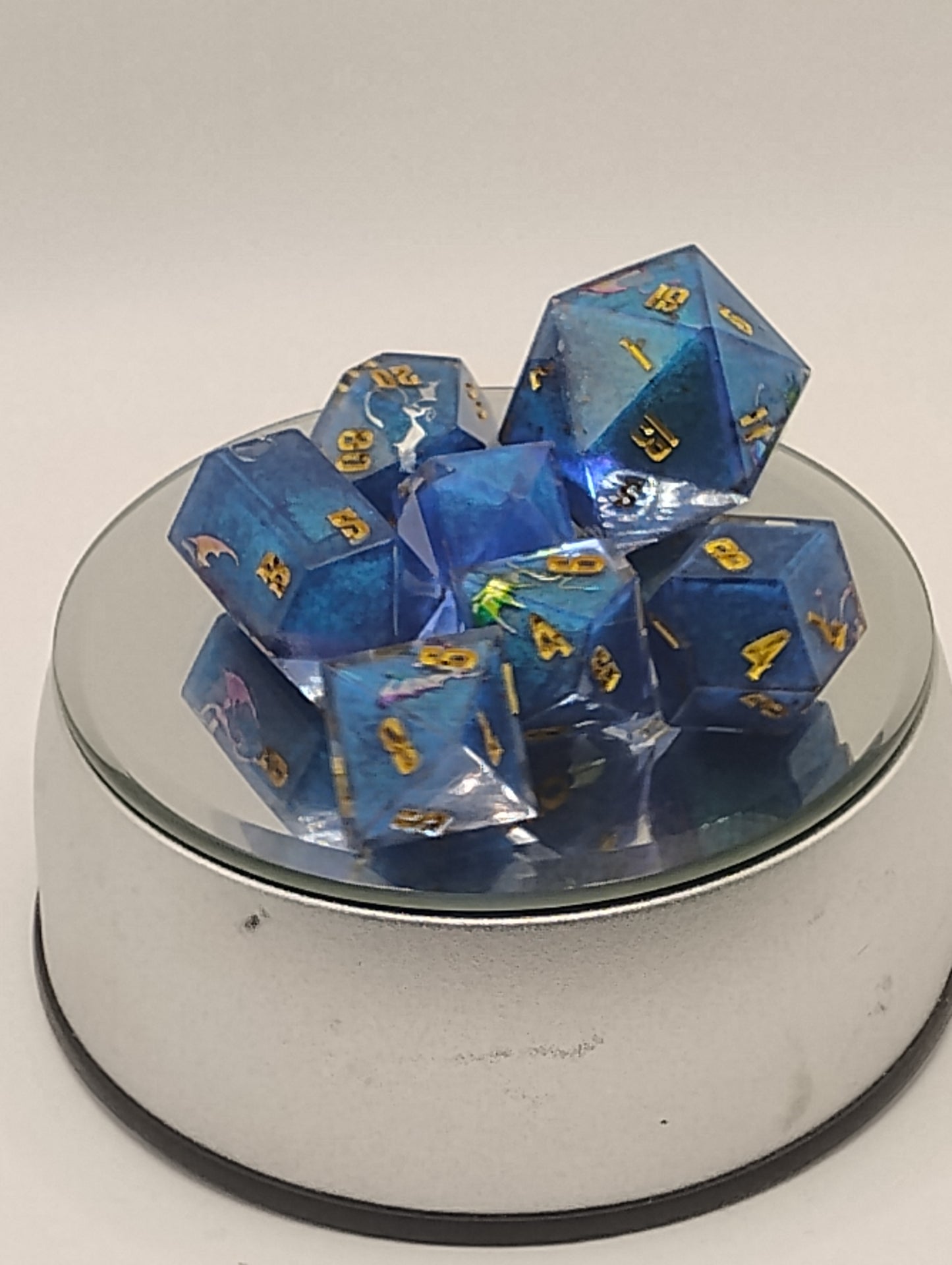 Dancing Dragons Handmade DnD Dice | Blue Resin Dice with Gold & Silver Dragons | Gold Ink Fantasy TTRPG Dice Set