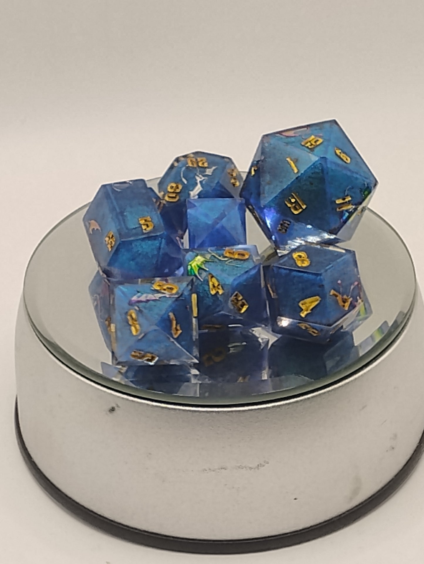 Dancing Dragons Handmade DnD Dice | Blue Resin Dice with Gold & Silver Dragons | Gold Ink Fantasy TTRPG Dice Set