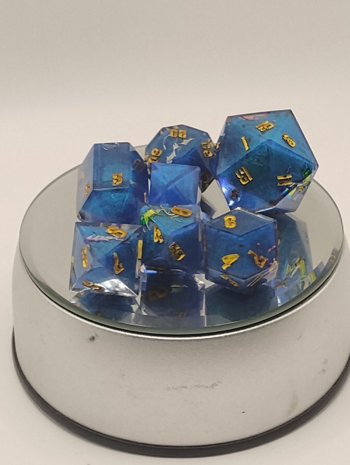 Dancing Dragons Handmade DnD Dice | Blue Resin Dice with Gold & Silver Dragons | Gold Ink Fantasy TTRPG Dice Set
