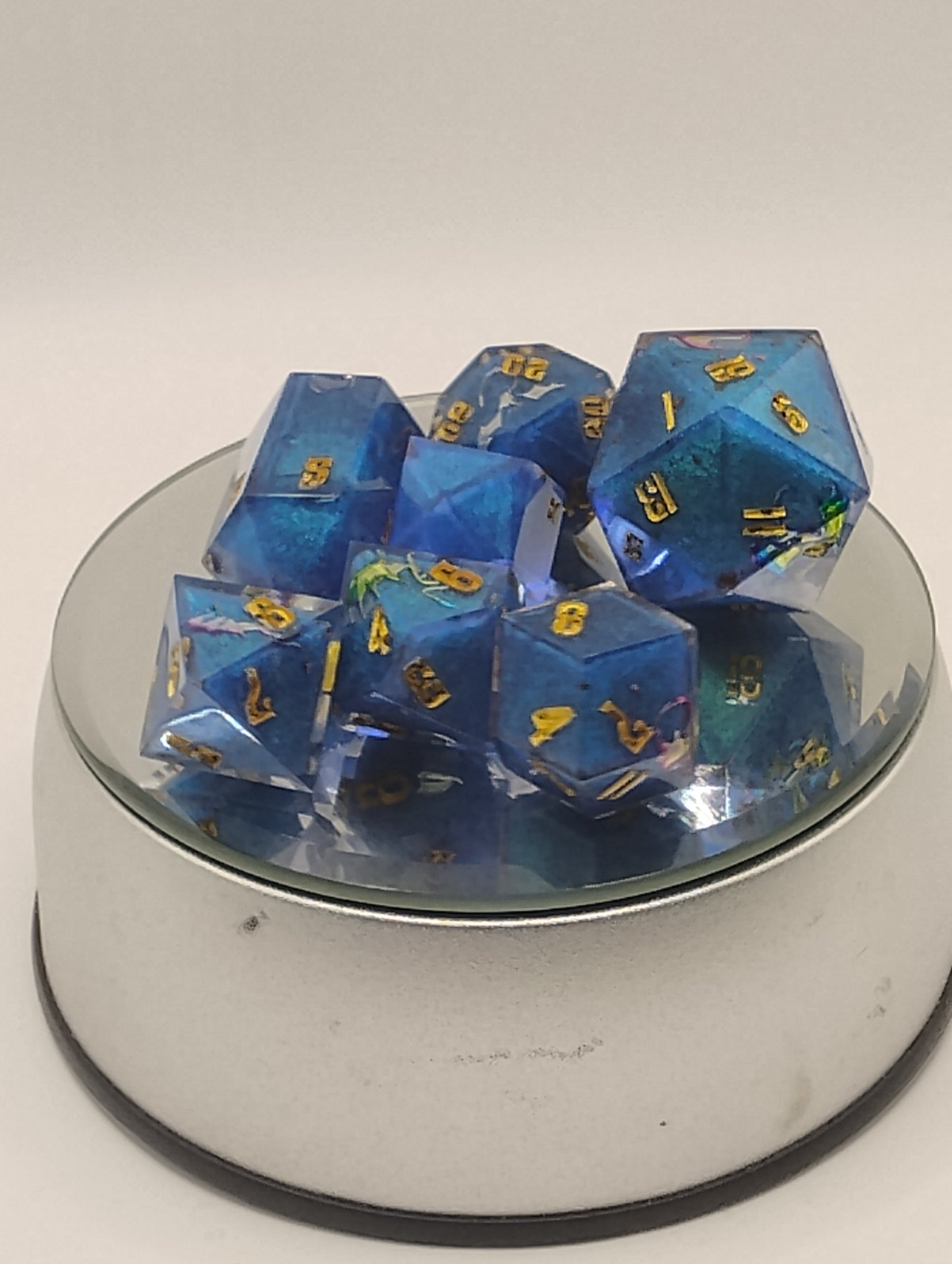 Dancing Dragons Handmade DnD Dice | Blue Resin Dice with Gold & Silver Dragons | Gold Ink Fantasy TTRPG Dice Set