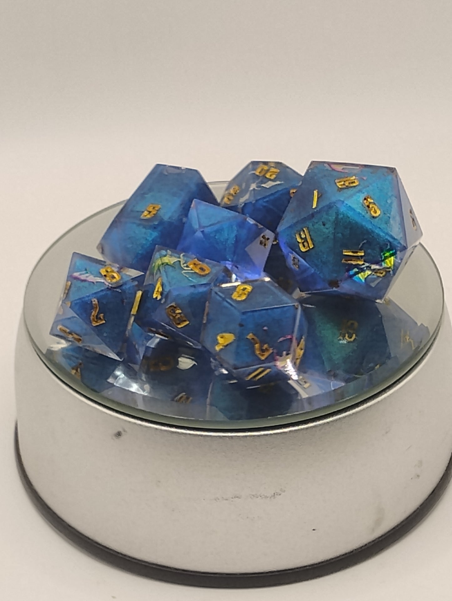 Dancing Dragons Handmade DnD Dice | Blue Resin Dice with Gold & Silver Dragons | Gold Ink Fantasy TTRPG Dice Set