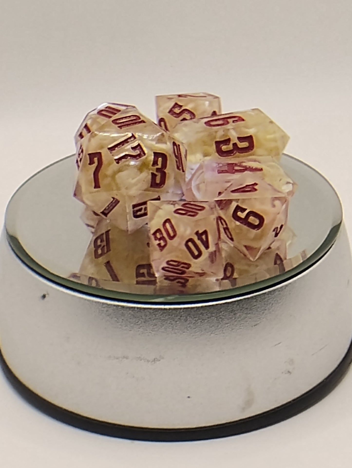 Beef Ramen Noodles Handmade DnD Dice | Clear Resin Dice with Ramen Noodles & Red Ink | Whimsical Fantasy TTRPG Dice Set