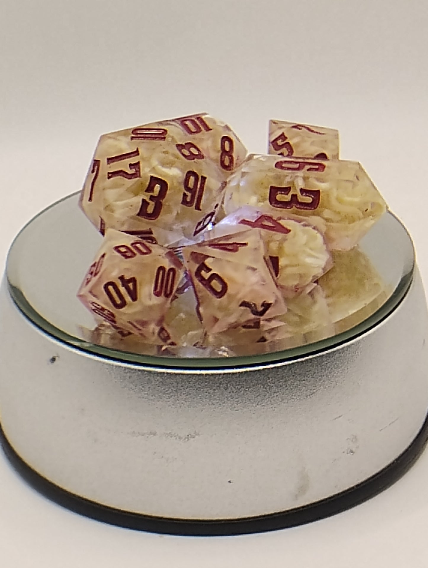 Beef Ramen Noodles Handmade DnD Dice | Clear Resin Dice with Ramen Noodles & Red Ink | Whimsical Fantasy TTRPG Dice Set