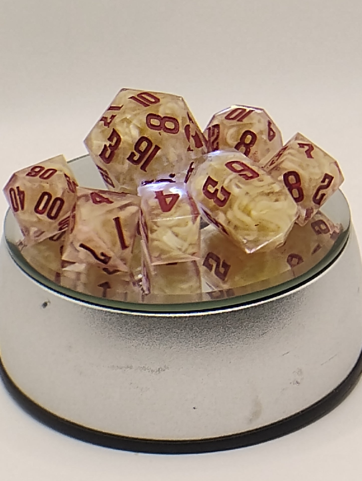 Beef Ramen Noodles Handmade DnD Dice | Clear Resin Dice with Ramen Noodles & Red Ink | Whimsical Fantasy TTRPG Dice Set
