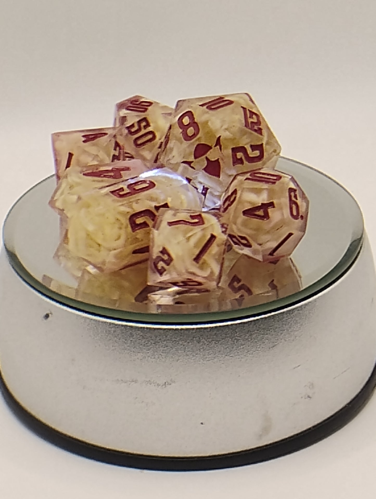 Beef Ramen Noodles Handmade DnD Dice | Clear Resin Dice with Ramen Noodles & Red Ink | Whimsical Fantasy TTRPG Dice Set
