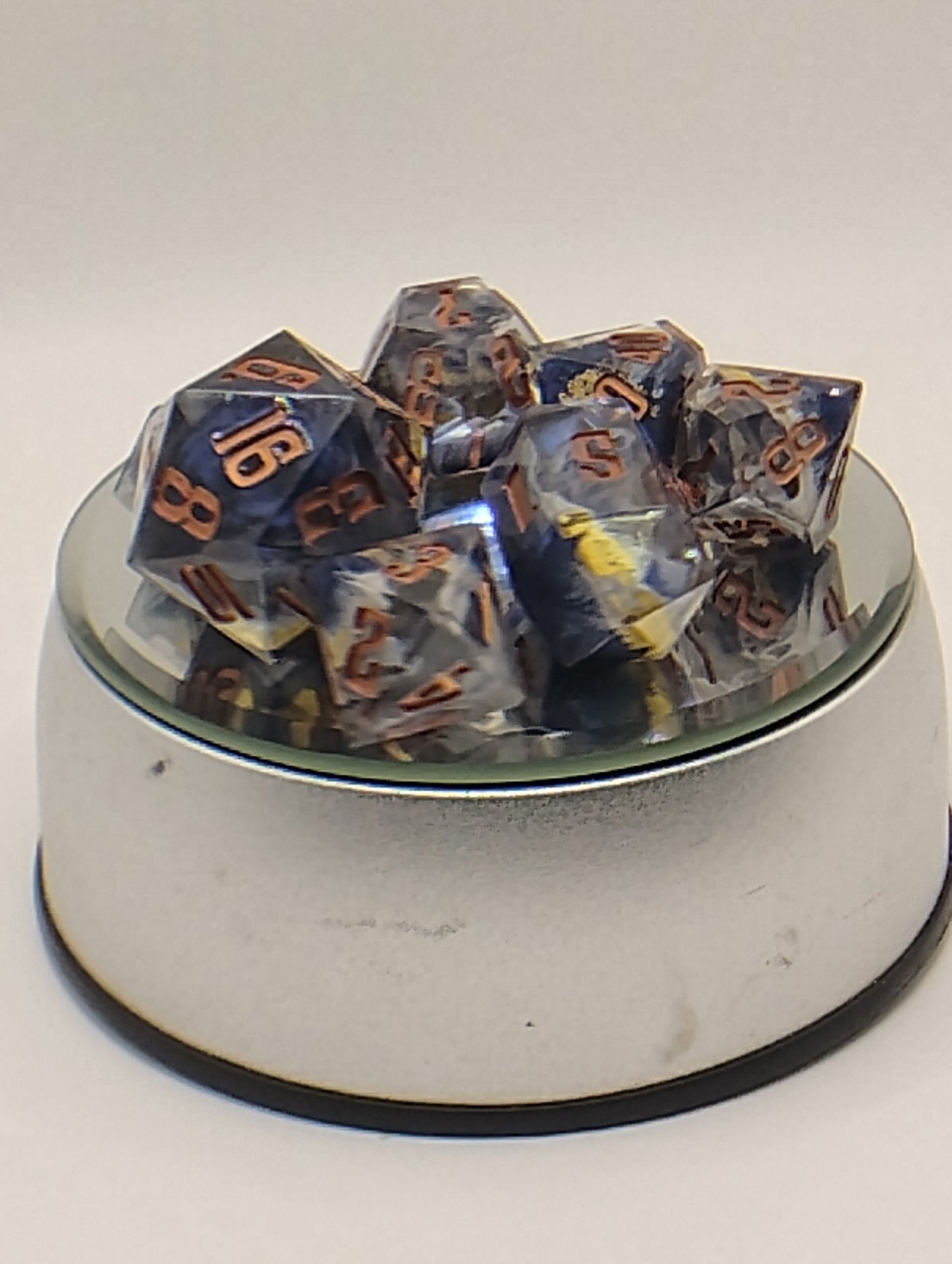 Atomic Earth Handmade DnD Dice | Blue & White Resin Dice with Copper Ink | Dark Fantasy TTRPG Dice Set