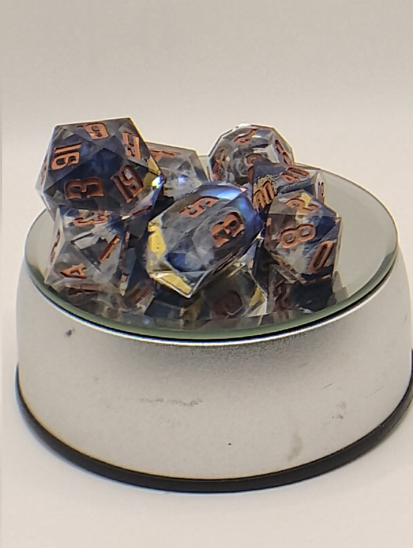 Atomic Earth Handmade DnD Dice | Blue & White Resin Dice with Copper Ink | Dark Fantasy TTRPG Dice Set