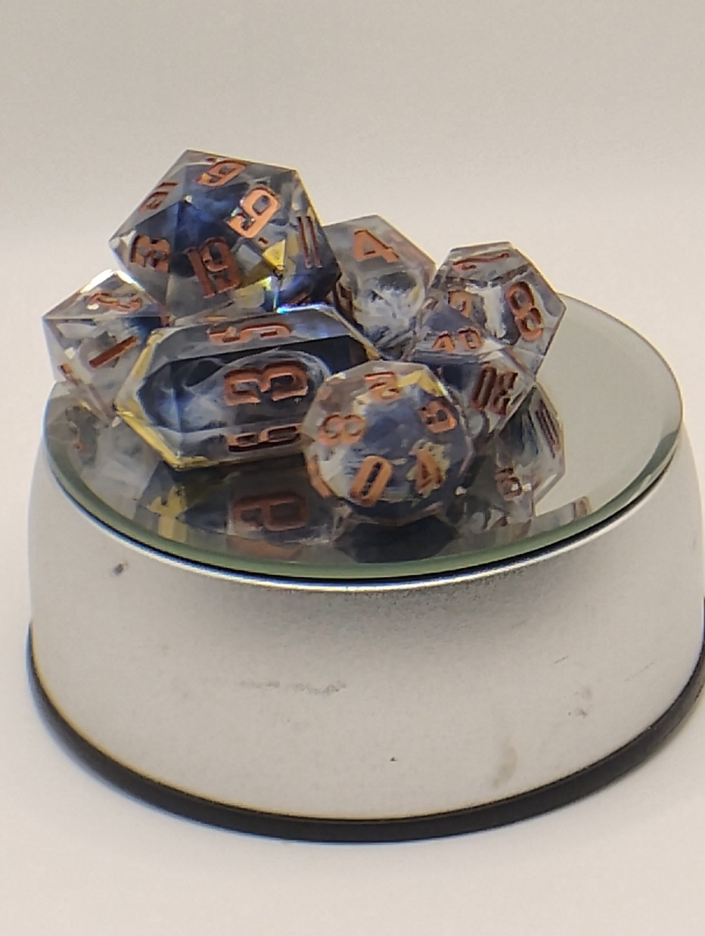 Atomic Earth Handmade DnD Dice | Blue & White Resin Dice with Copper Ink | Dark Fantasy TTRPG Dice Set