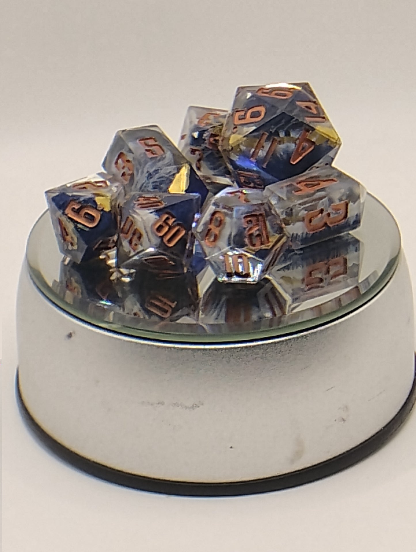 Atomic Earth Handmade DnD Dice | Blue & White Resin Dice with Copper Ink | Dark Fantasy TTRPG Dice Set