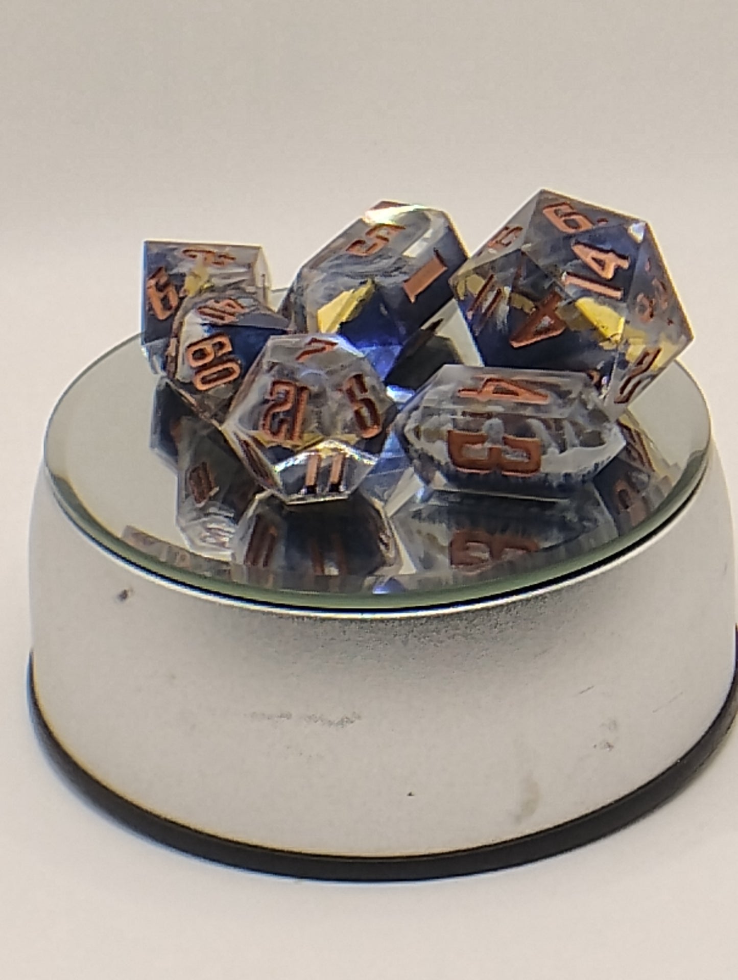 Atomic Earth Handmade DnD Dice | Blue & White Resin Dice with Copper Ink | Dark Fantasy TTRPG Dice Set
