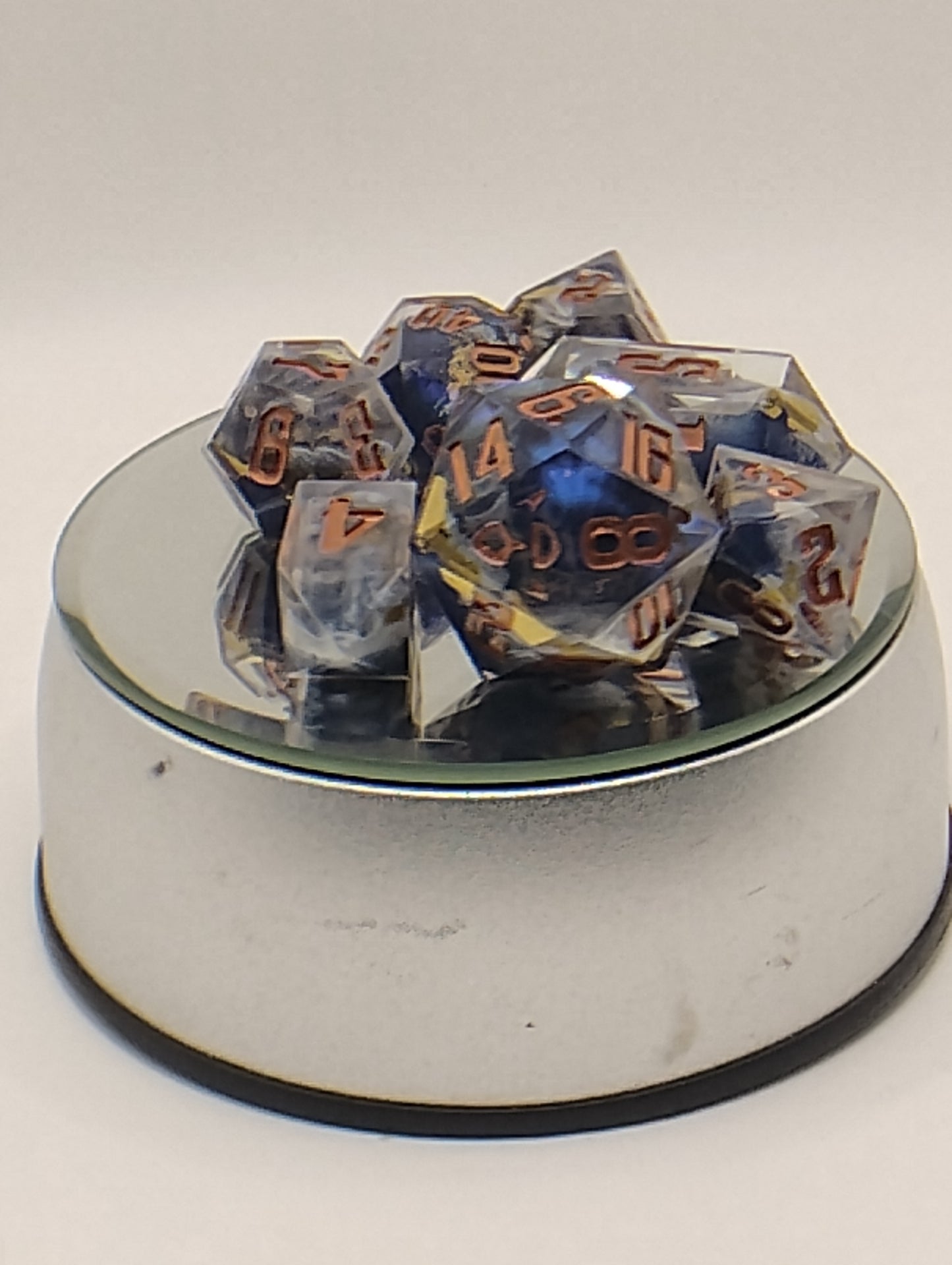 Atomic Earth Handmade DnD Dice | Blue & White Resin Dice with Copper Ink | Dark Fantasy TTRPG Dice Set