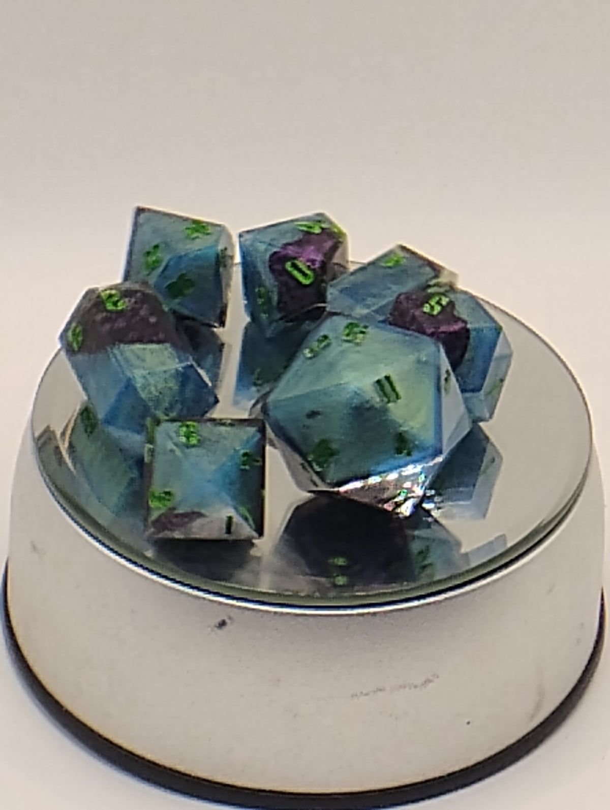 Dragon Skin | Luxury Purple and Blue Handmade D&D Dice Set with Green Ink | TTRPG Dice