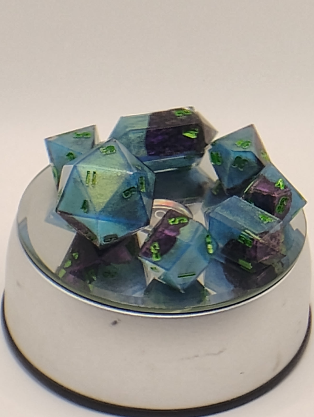 Dragon Skin | Luxury Purple and Blue Handmade D&D Dice Set with Green Ink | TTRPG Dice