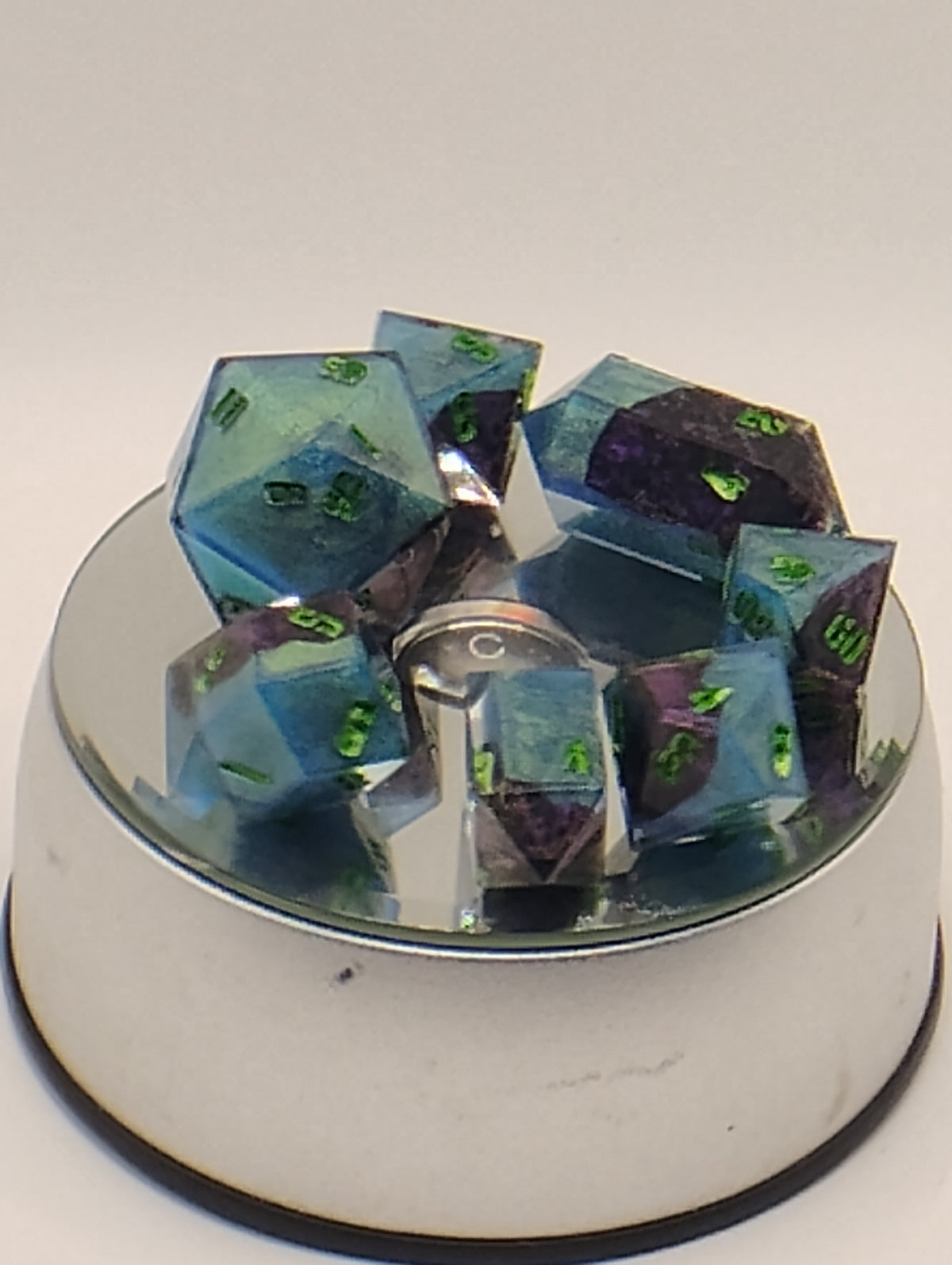 Dragon Skin | Luxury Purple and Blue Handmade D&D Dice Set with Green Ink | TTRPG Dice