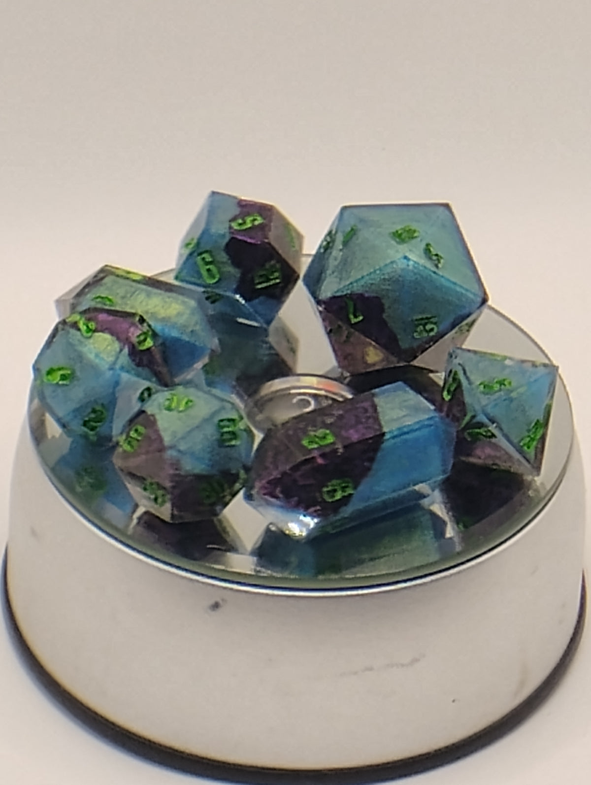 Dragon Skin | Luxury Purple and Blue Handmade D&D Dice Set with Green Ink | TTRPG Dice