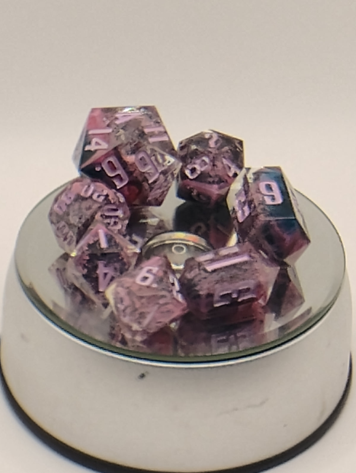 Atomic Purple Petrie | Luxury Black & Pink Handmade D&D Dice Set with Purple Ink | Artisan TTRPG Dice